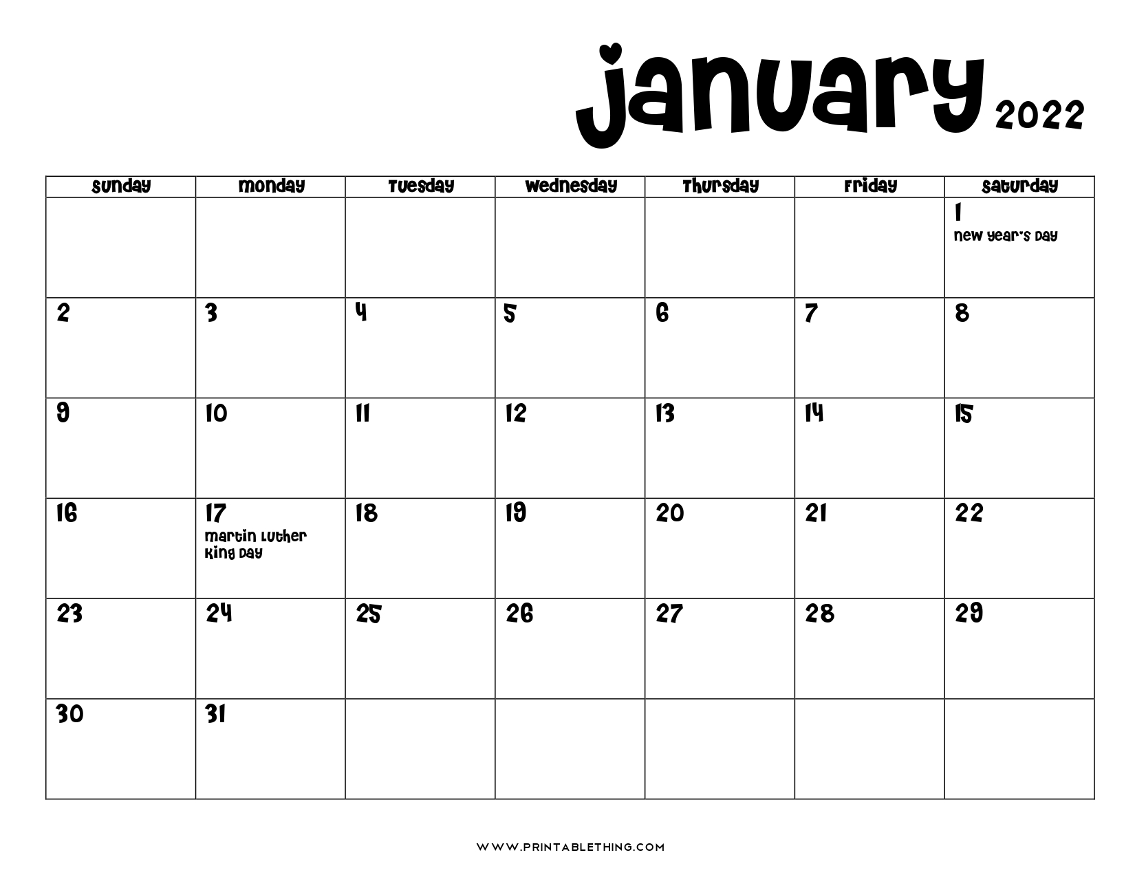 Jan 2022 Calendar Printable Free