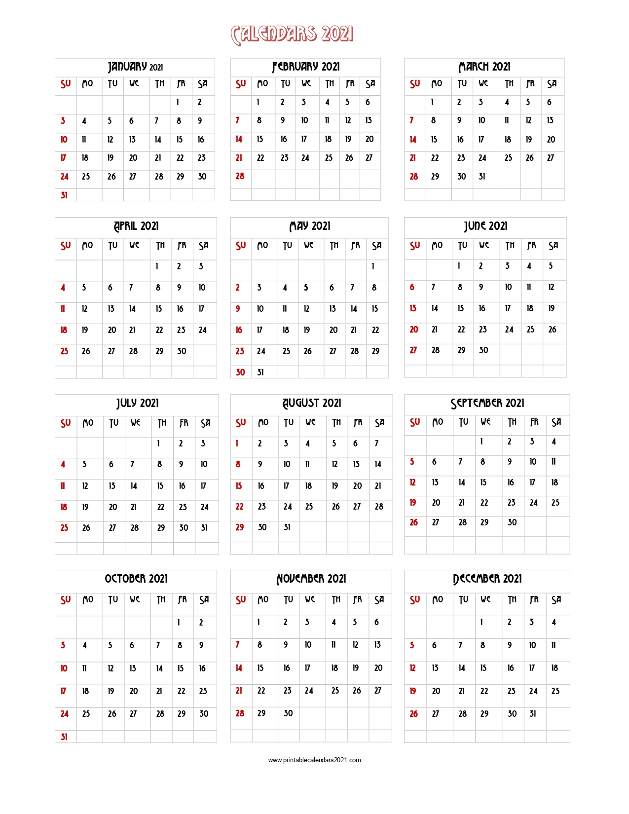 Printable 2021 Yearly Calendar With Holidays
