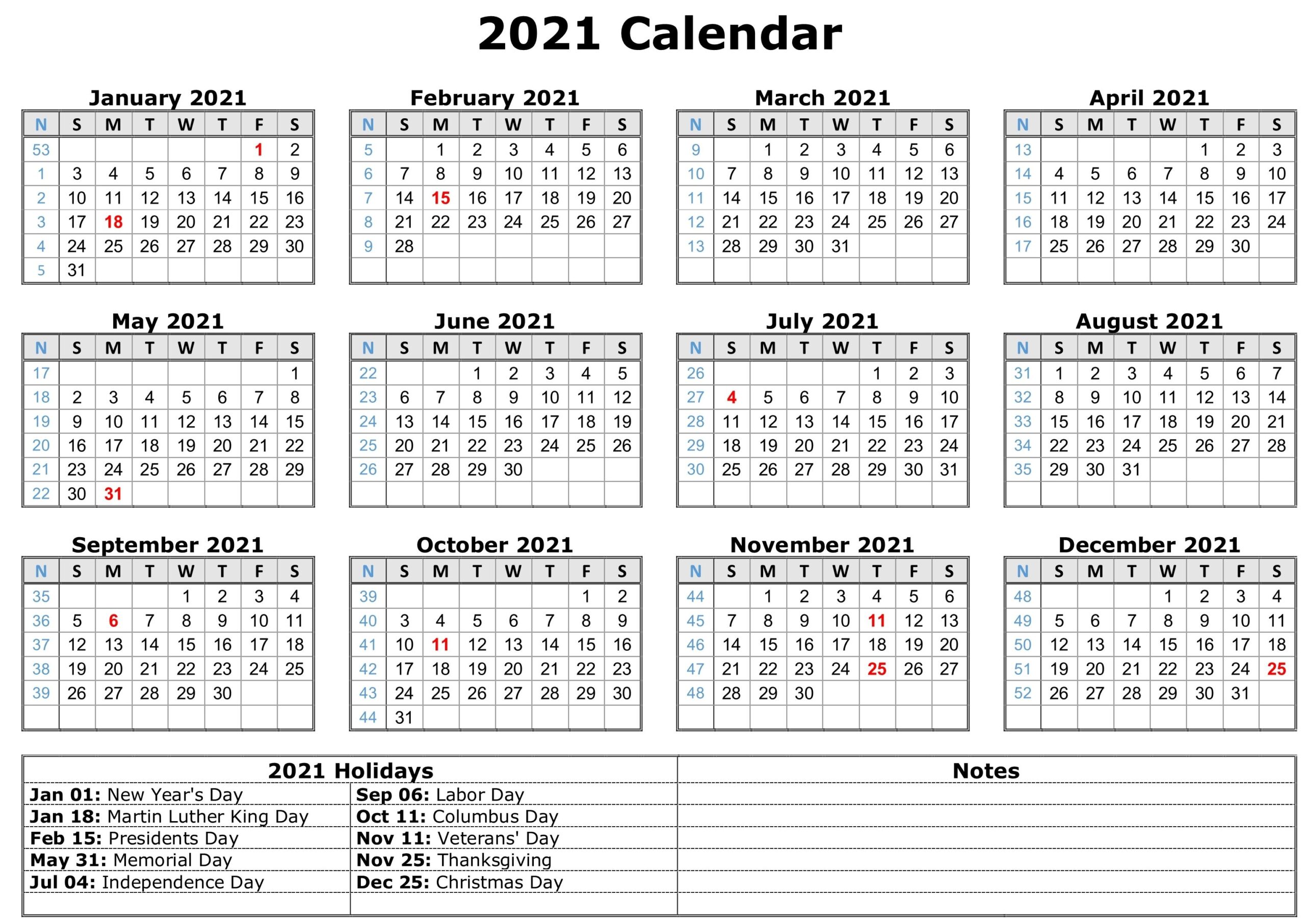 2021 Calendar For Printing