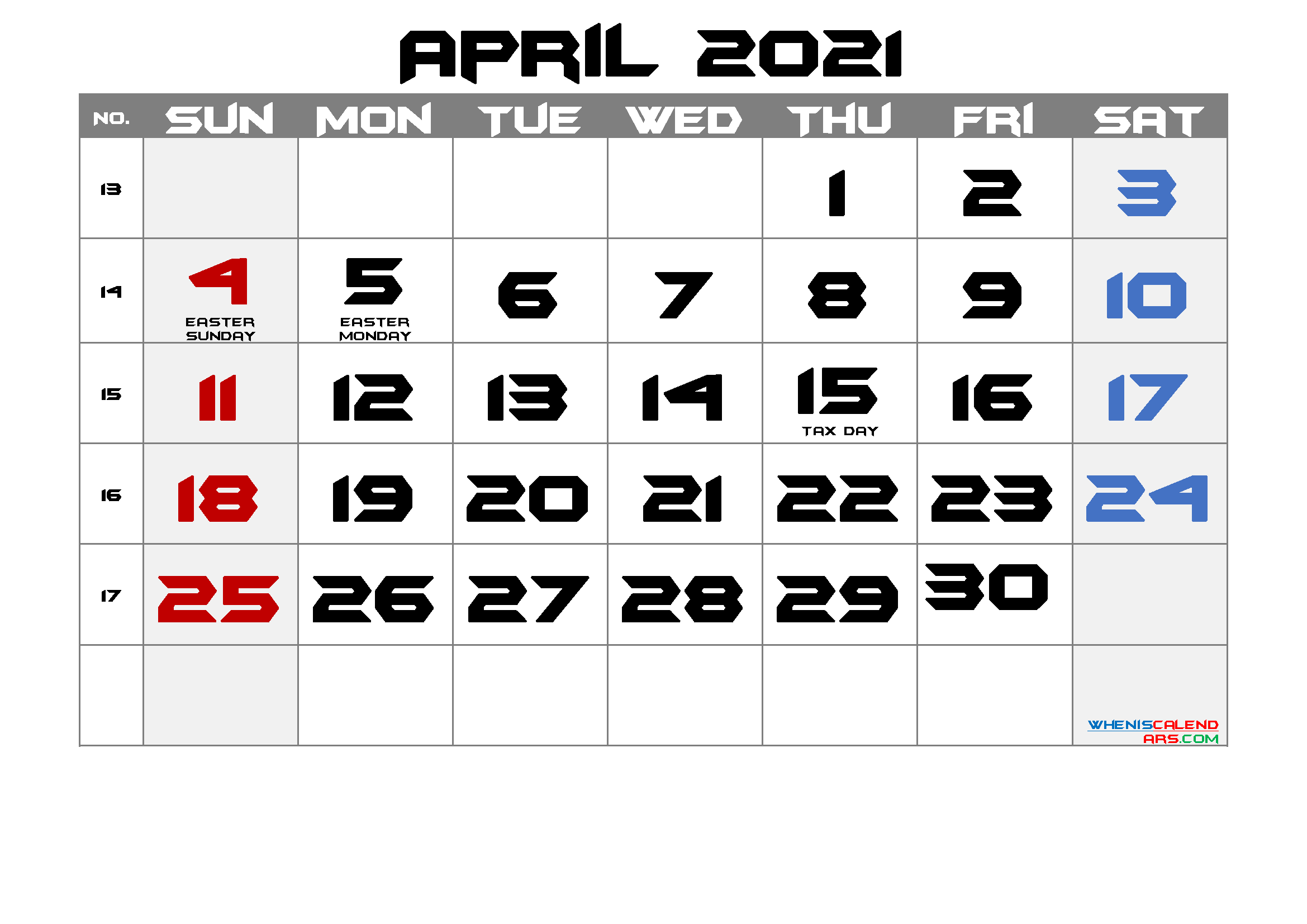 Calendar April 2021 With Holidays