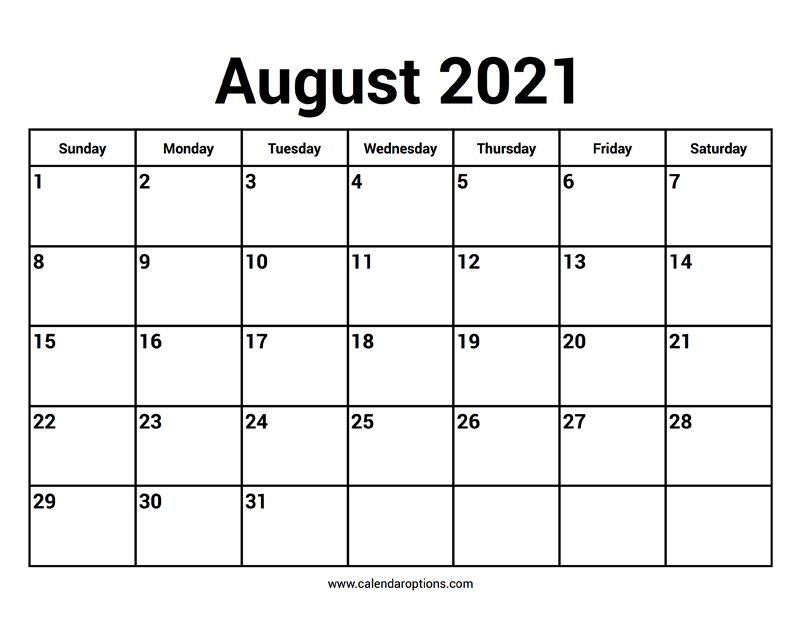Printable August 2021 Calendar