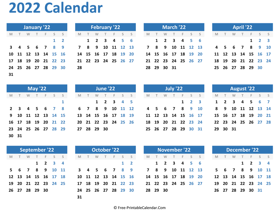 Printable Full Year Calendar 2022