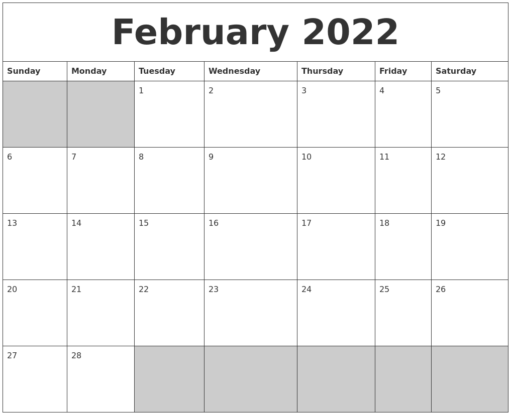 February 2022 Calendar Printable Free