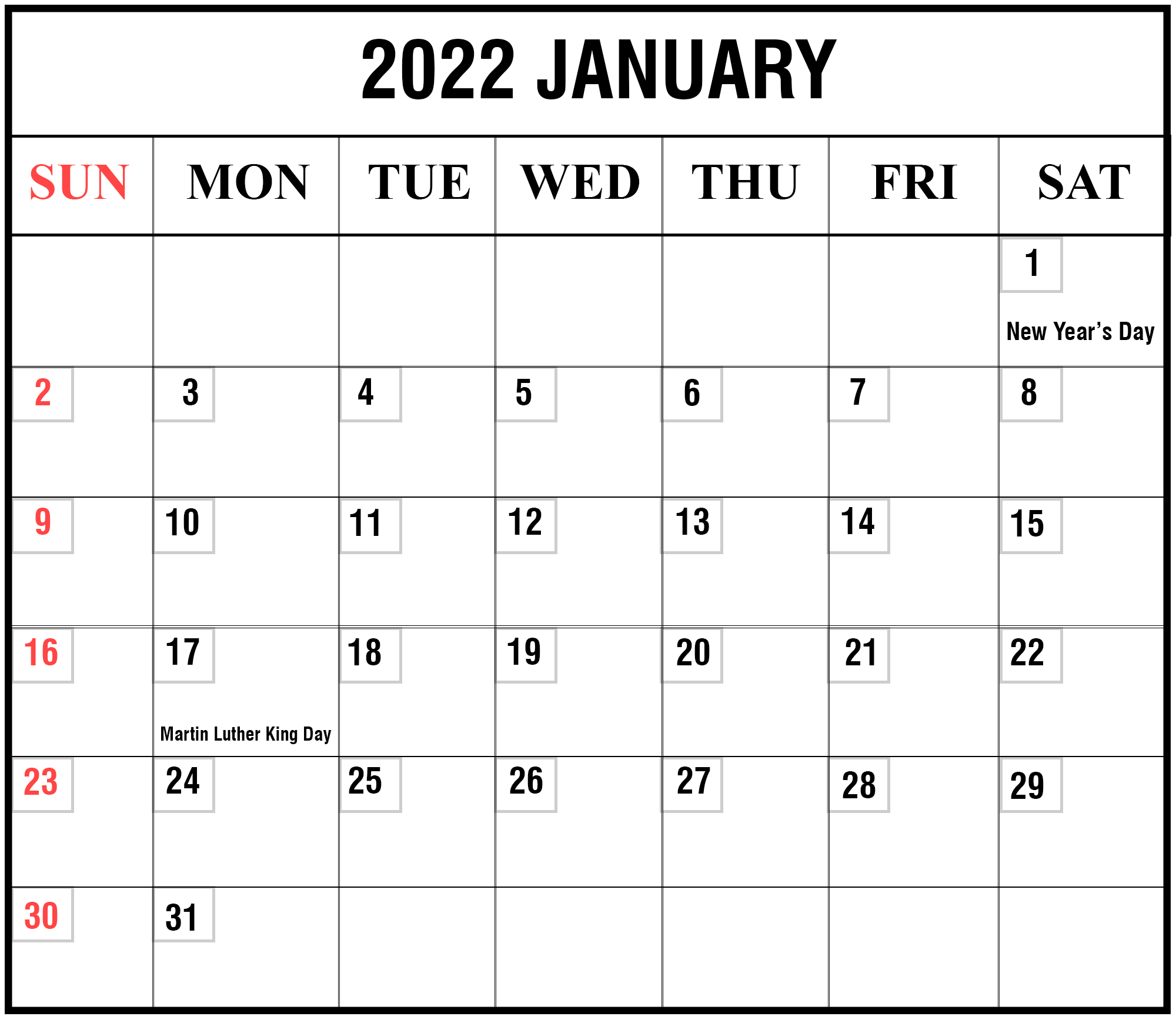 January 2022 Printable Calendar
