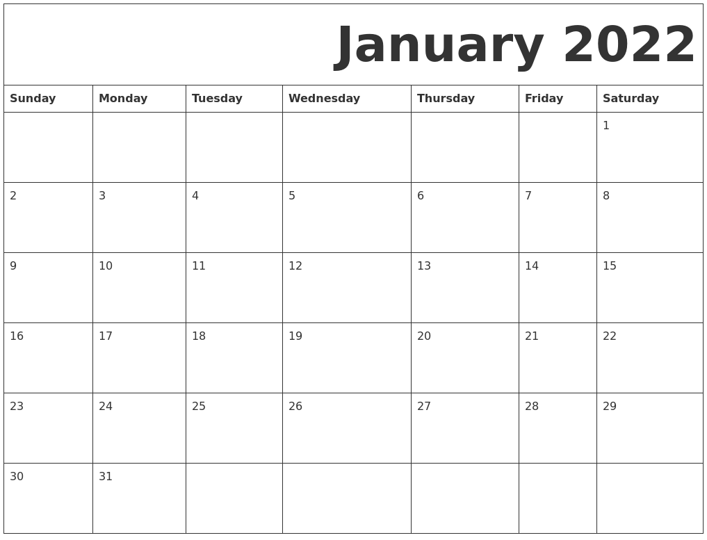 Printable Calendar For January 2022