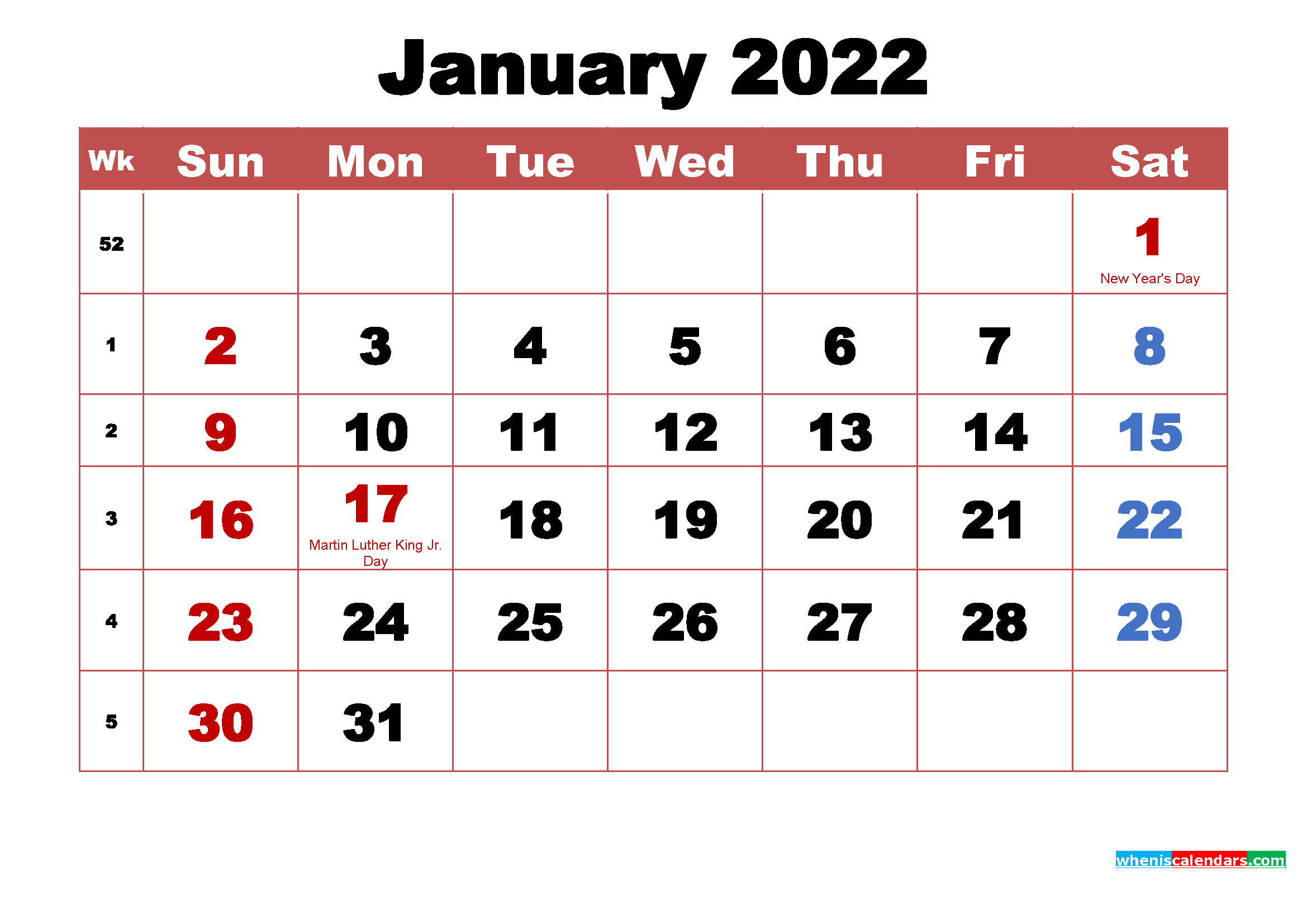 Printable Calendar Jan 2022