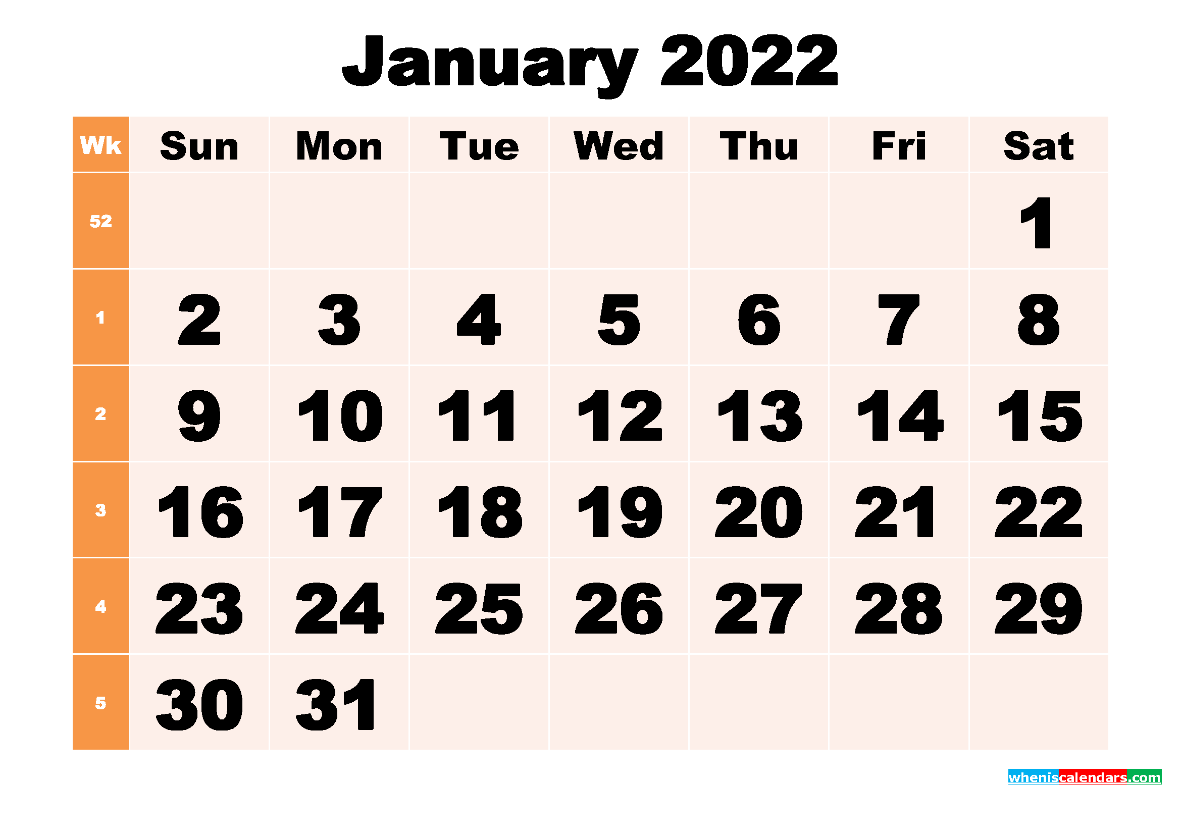 2022 Printable January Calendar
