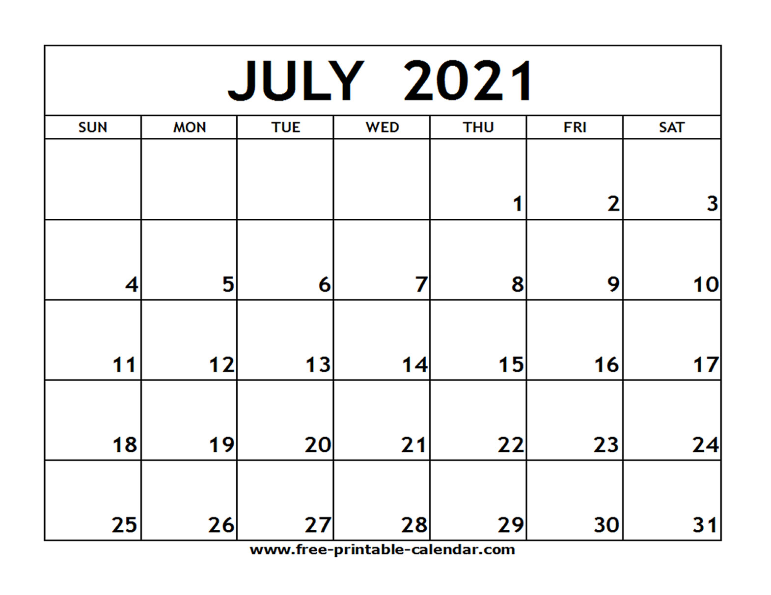 2021 July Printable Calendar