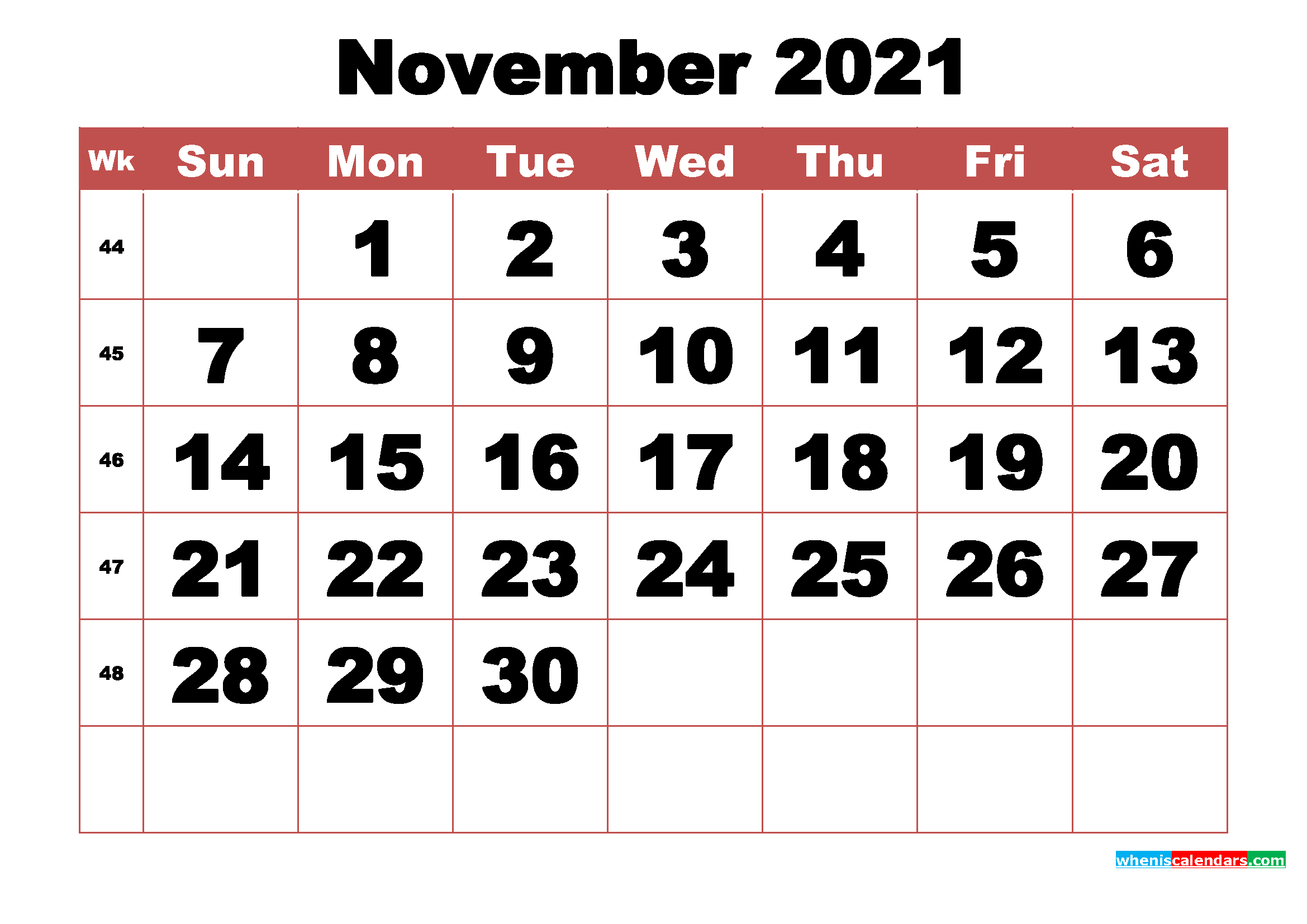 Printable Monthly Calendar November 2021