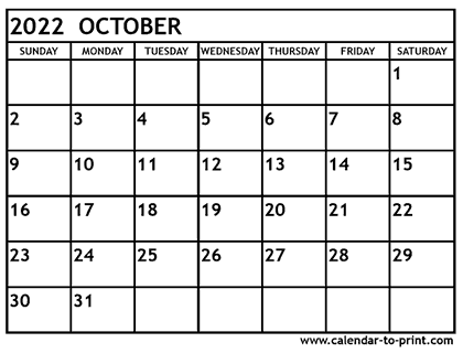 October Printable Calendar 2022