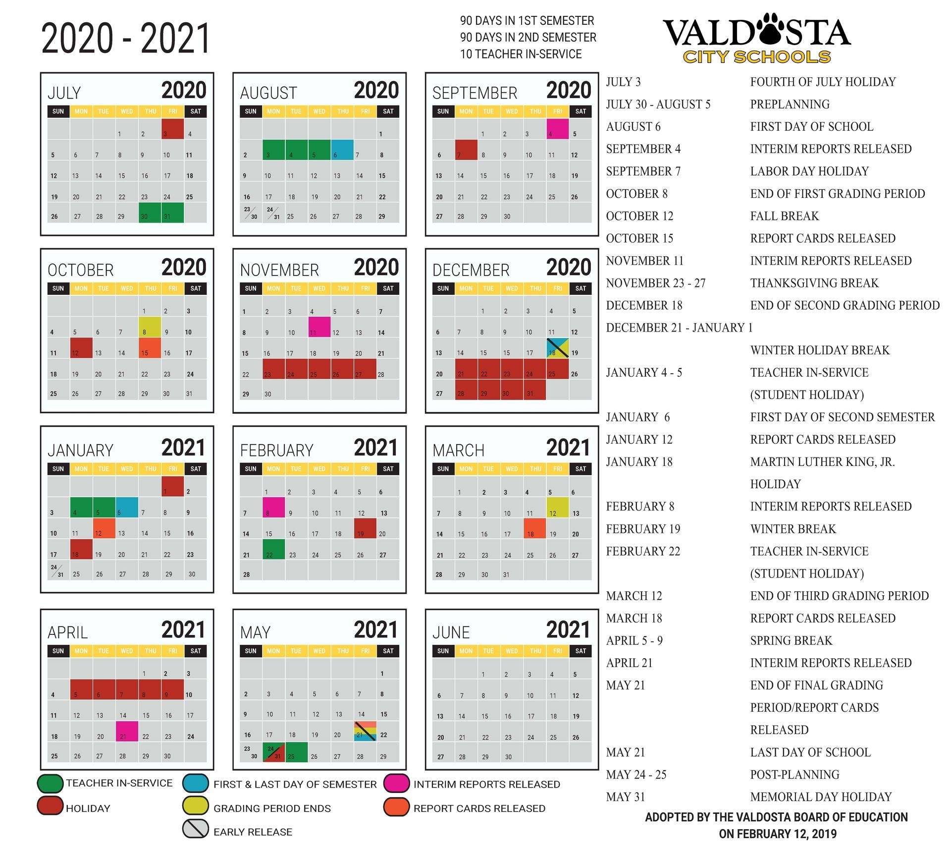 2021 Academic Calendar Printable