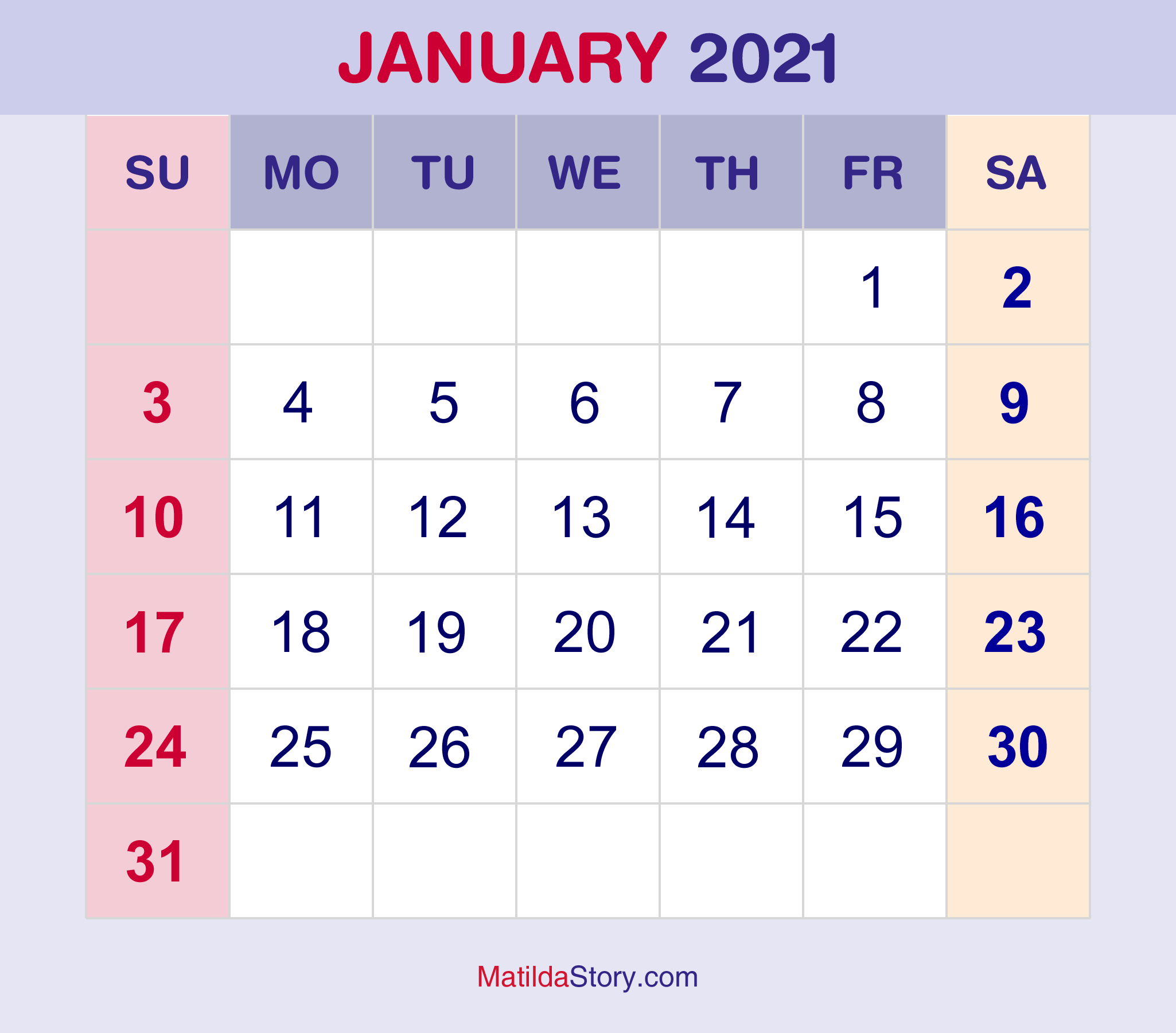January Printable Calendar 2021