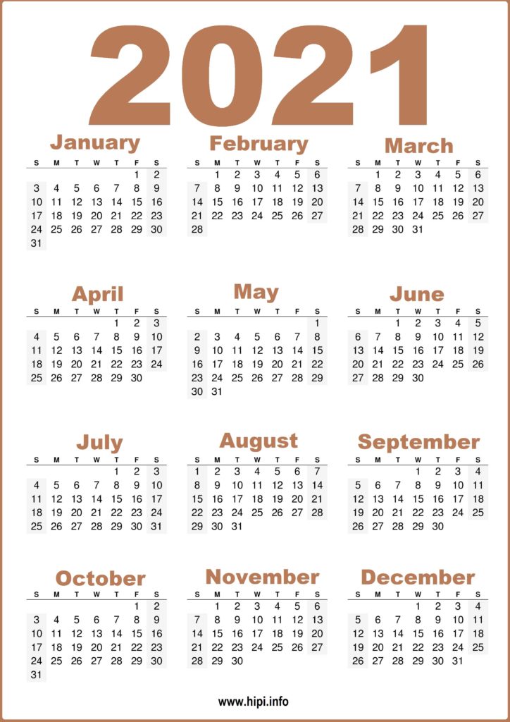 2021 Yearly Calendar Printable Free
