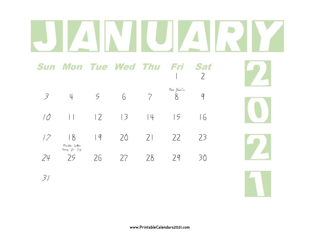 January Printable Calendar 2021