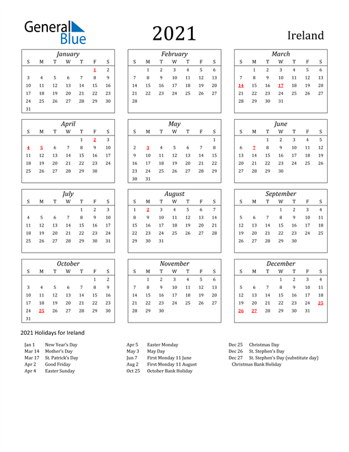 Calendar 2021 Ireland Printable With Holidays
