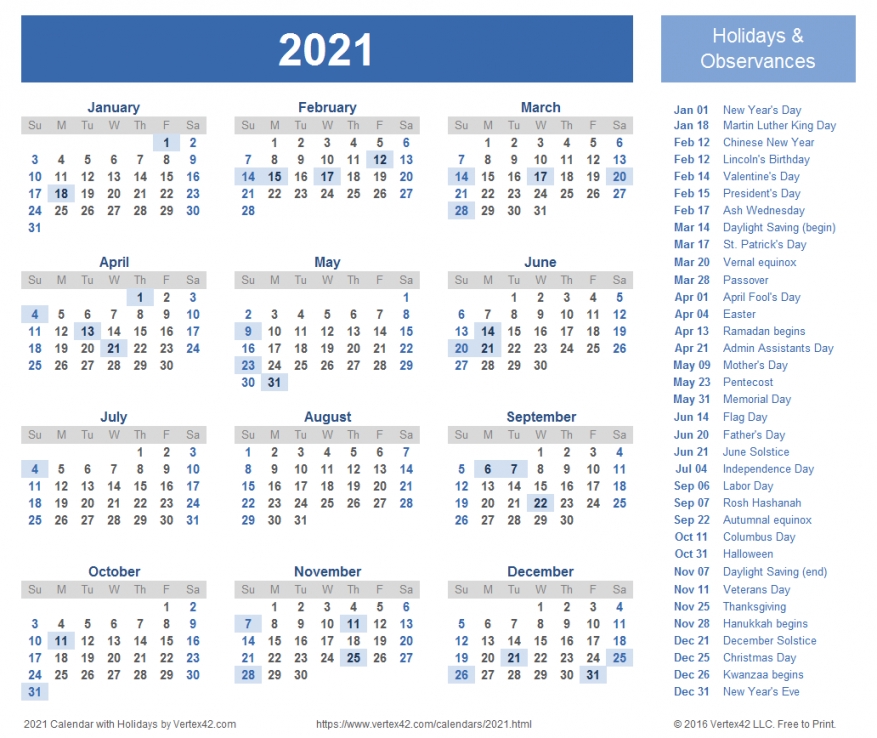 2021 Monthly Calendar With Holidays