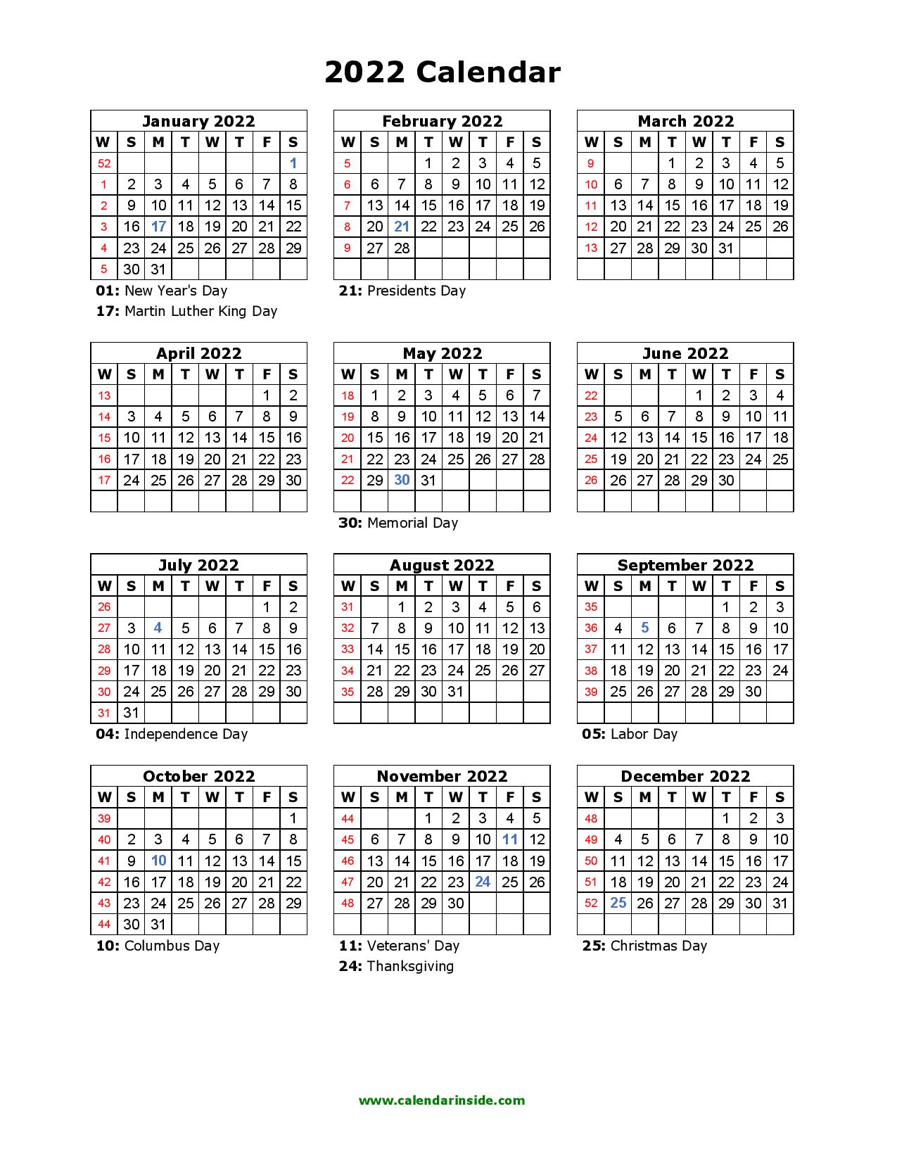 2022 Word Printable Calendar