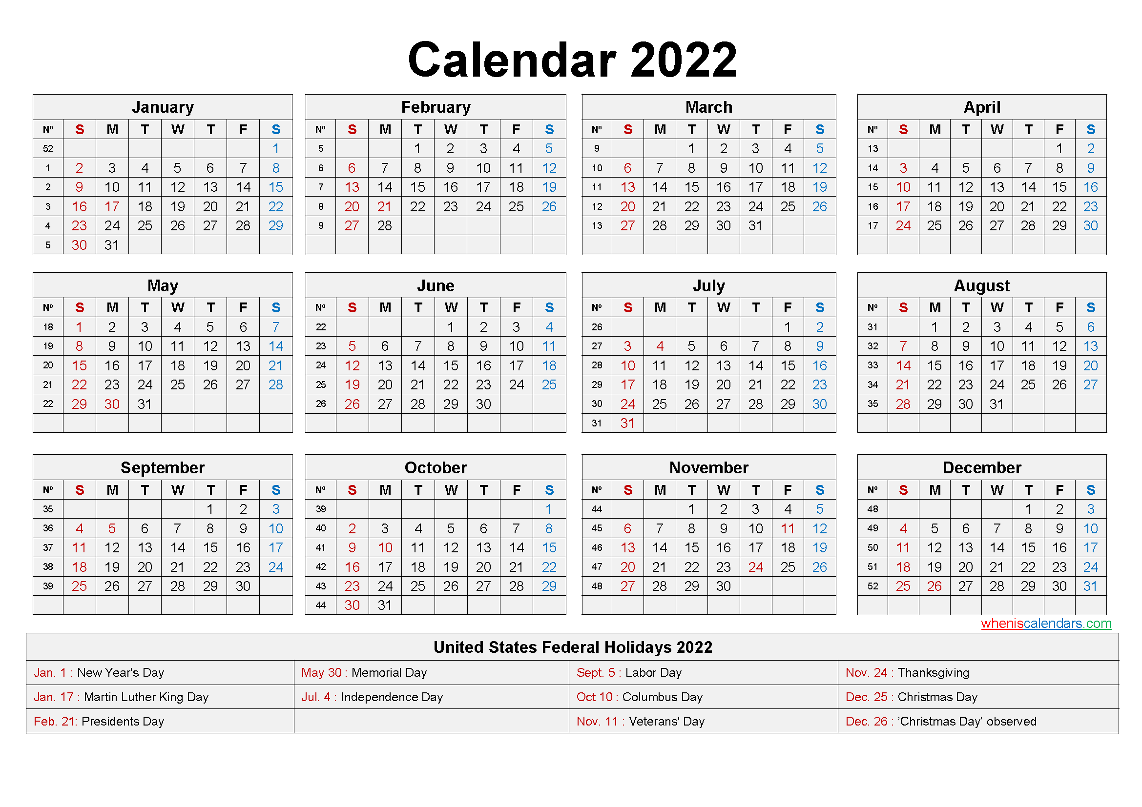 Printable Yearly 2022 Calendar