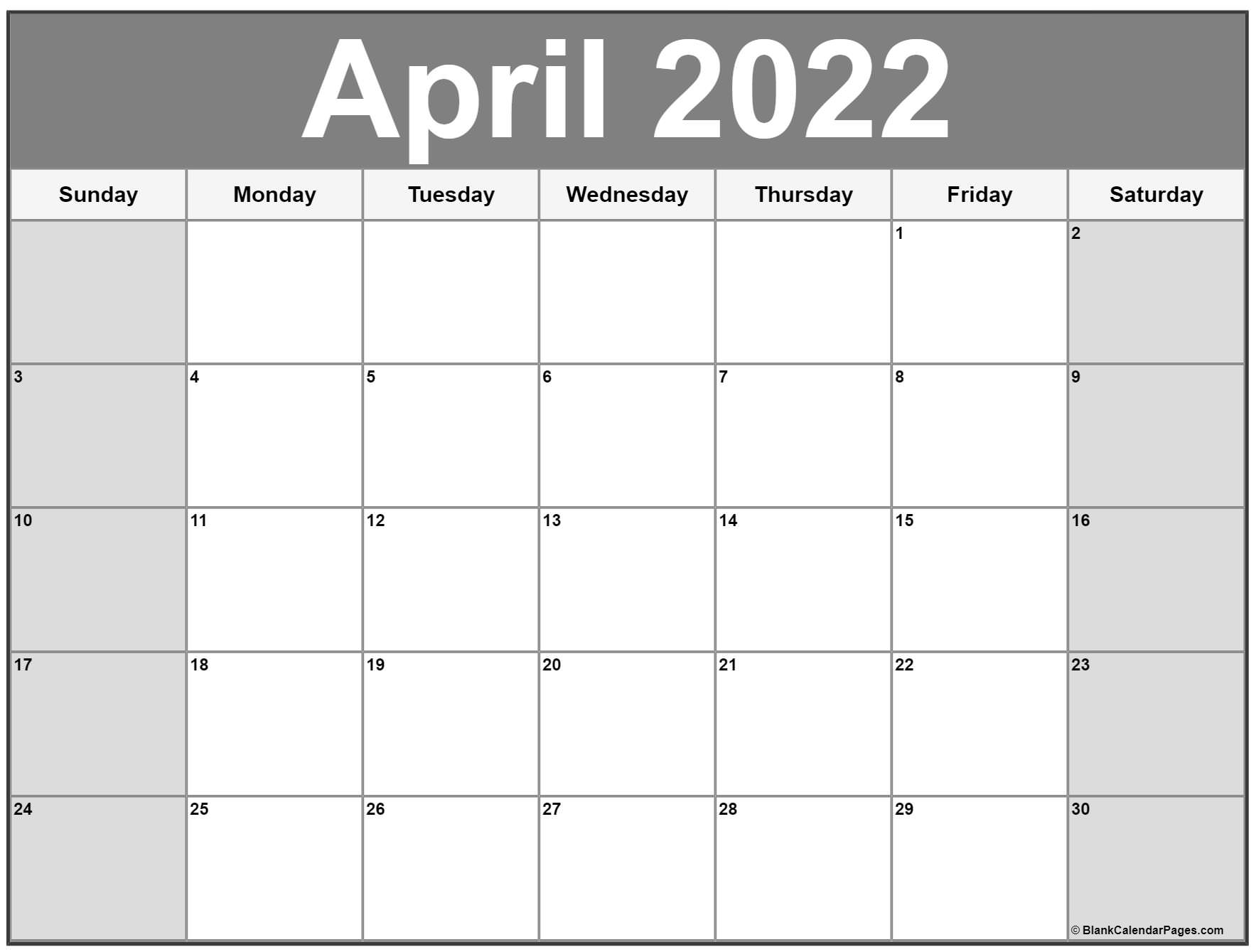 Free Printable April 2022 Calendar