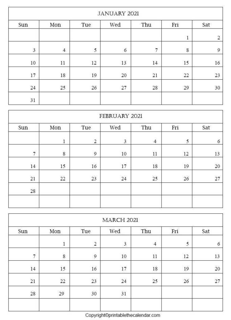 Jan Feb March 2021 Calendar