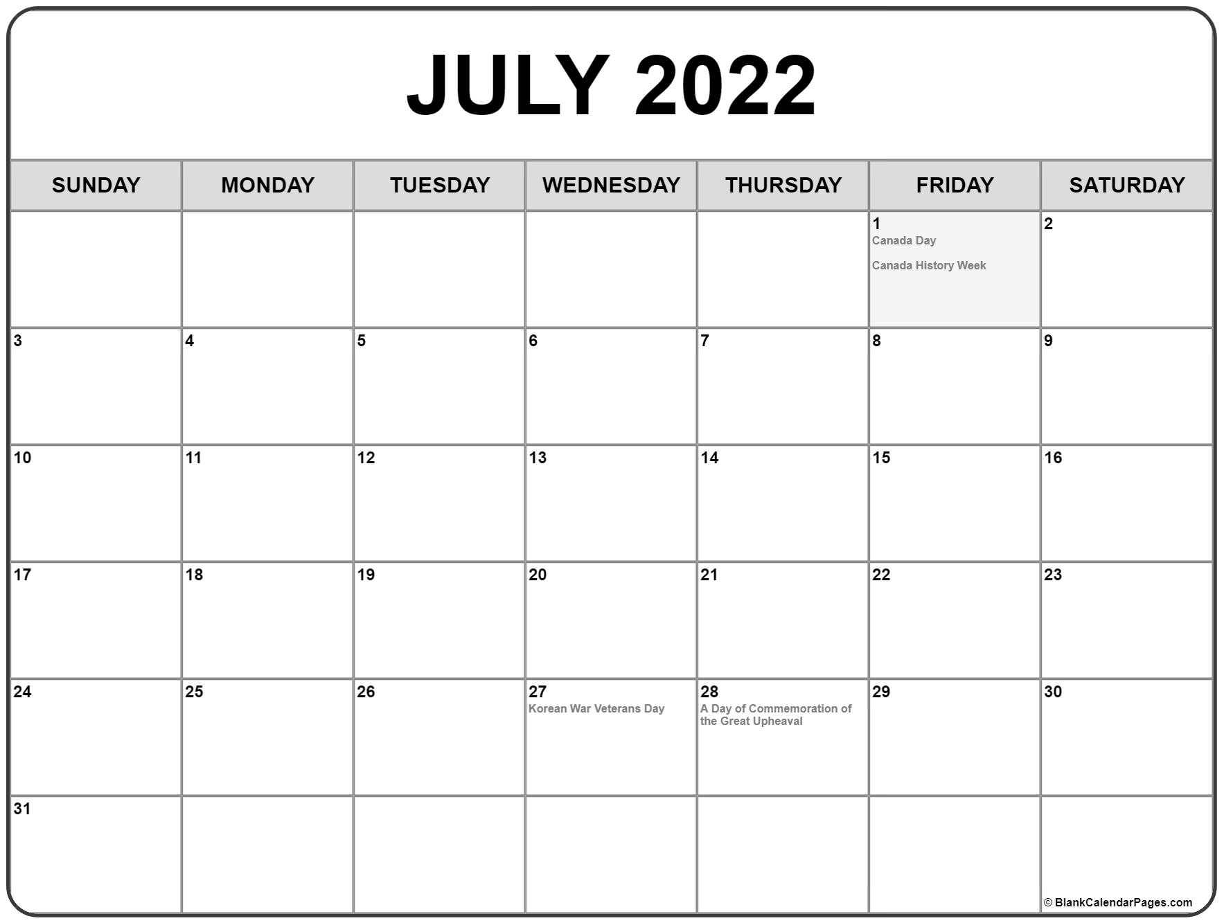 July 2022 Calendar Printable