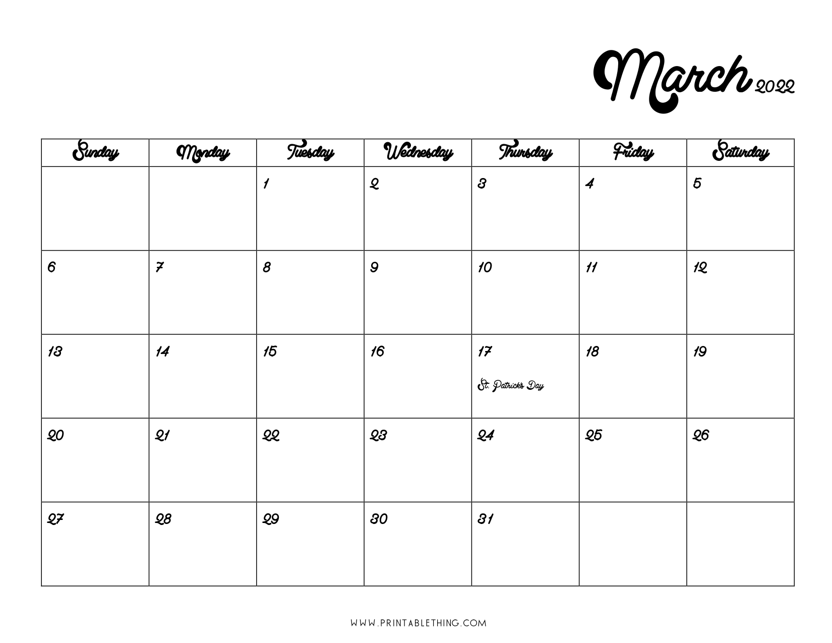 March 2022 Calendar Printable Free