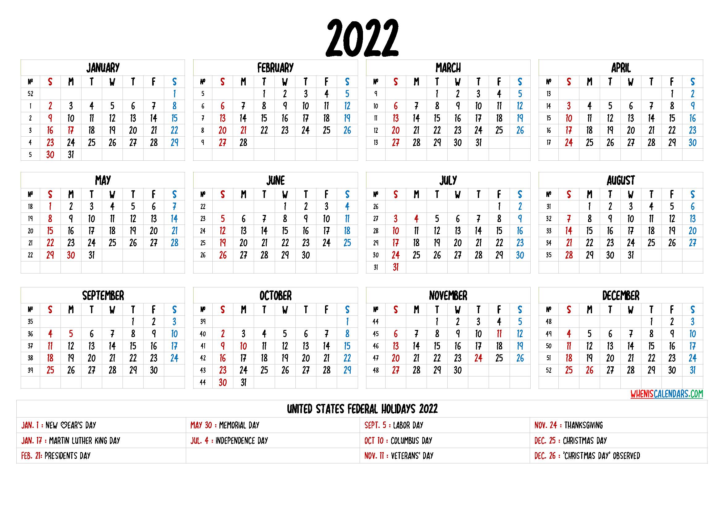 2022 Printable Calendar Free