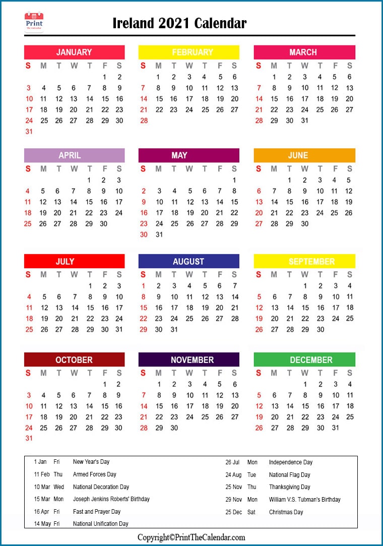 Free Printable 2021 Calendar With Holidays Ireland