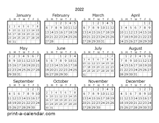 12 Month Calendar 2022 Printable