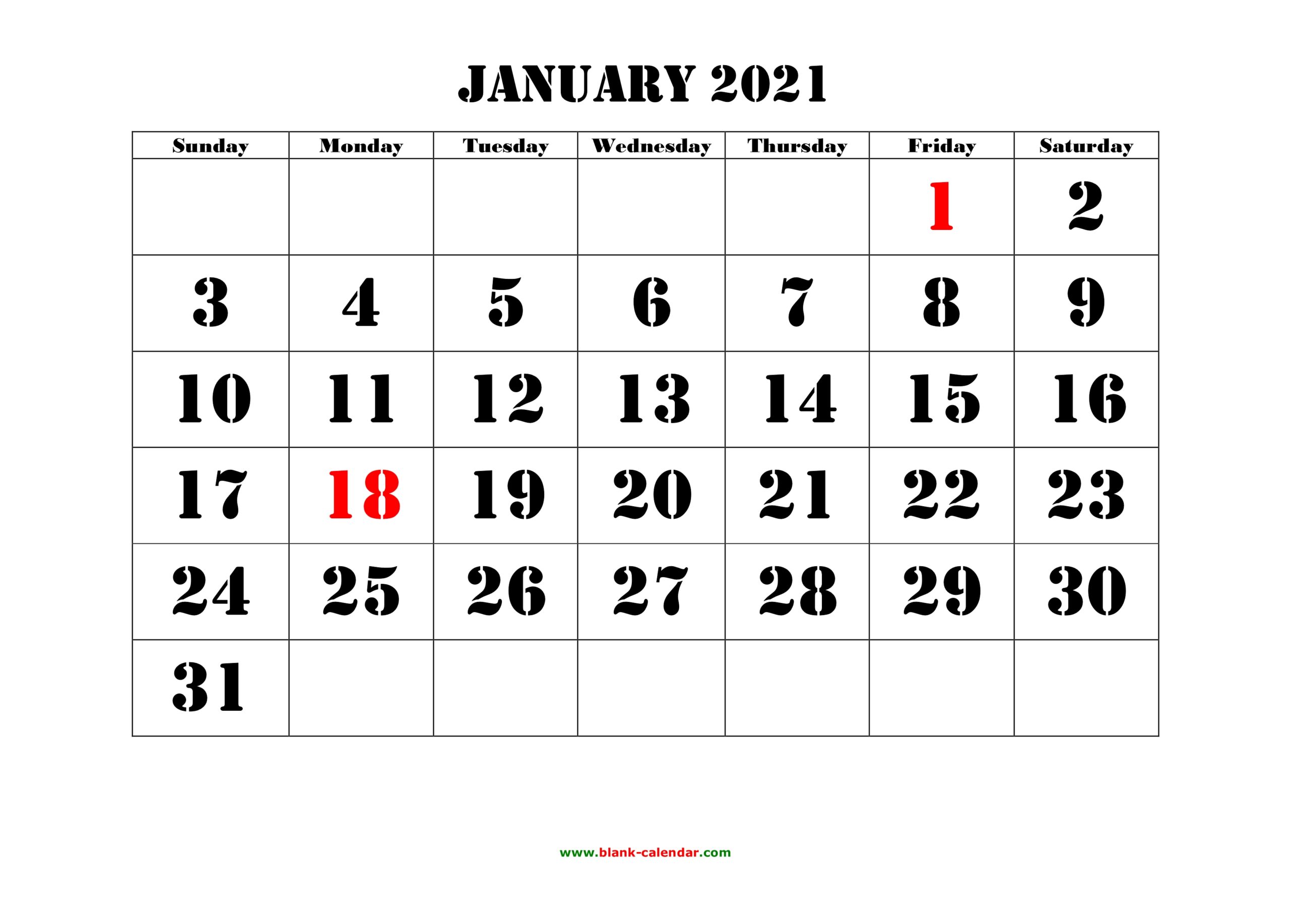 Calendar 2021 January Printable Free