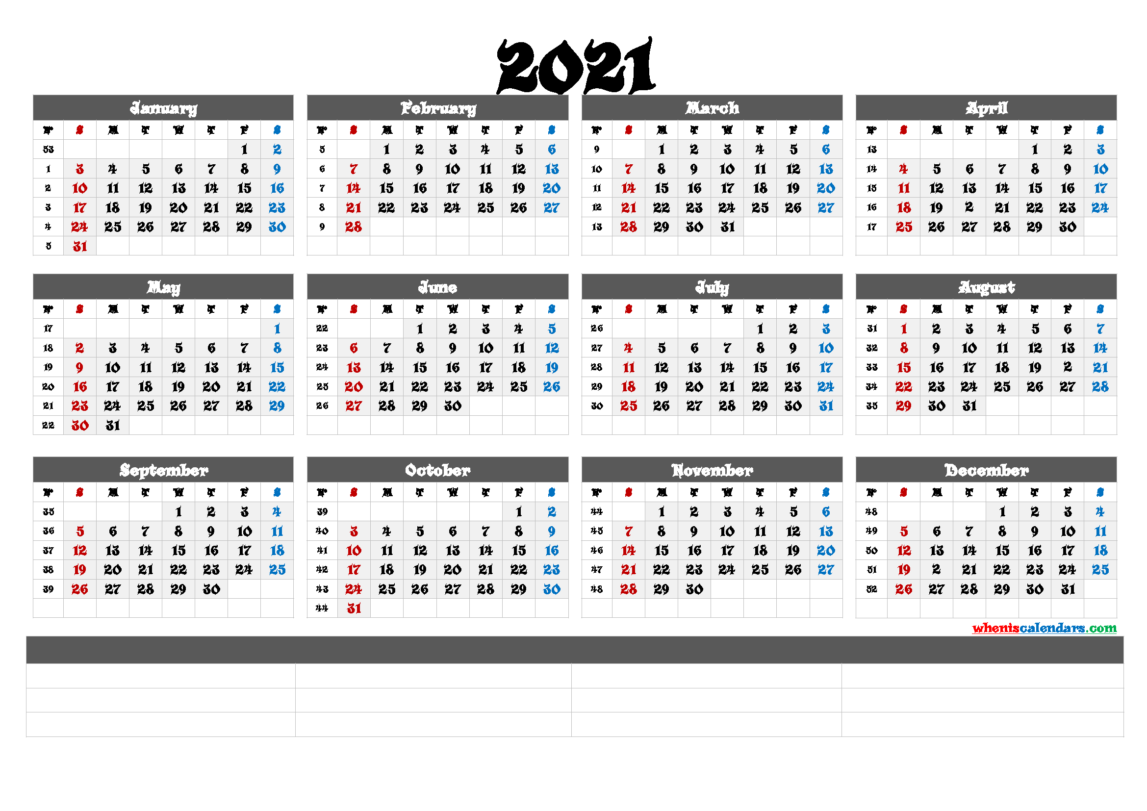 2021 Calendar By Week Number