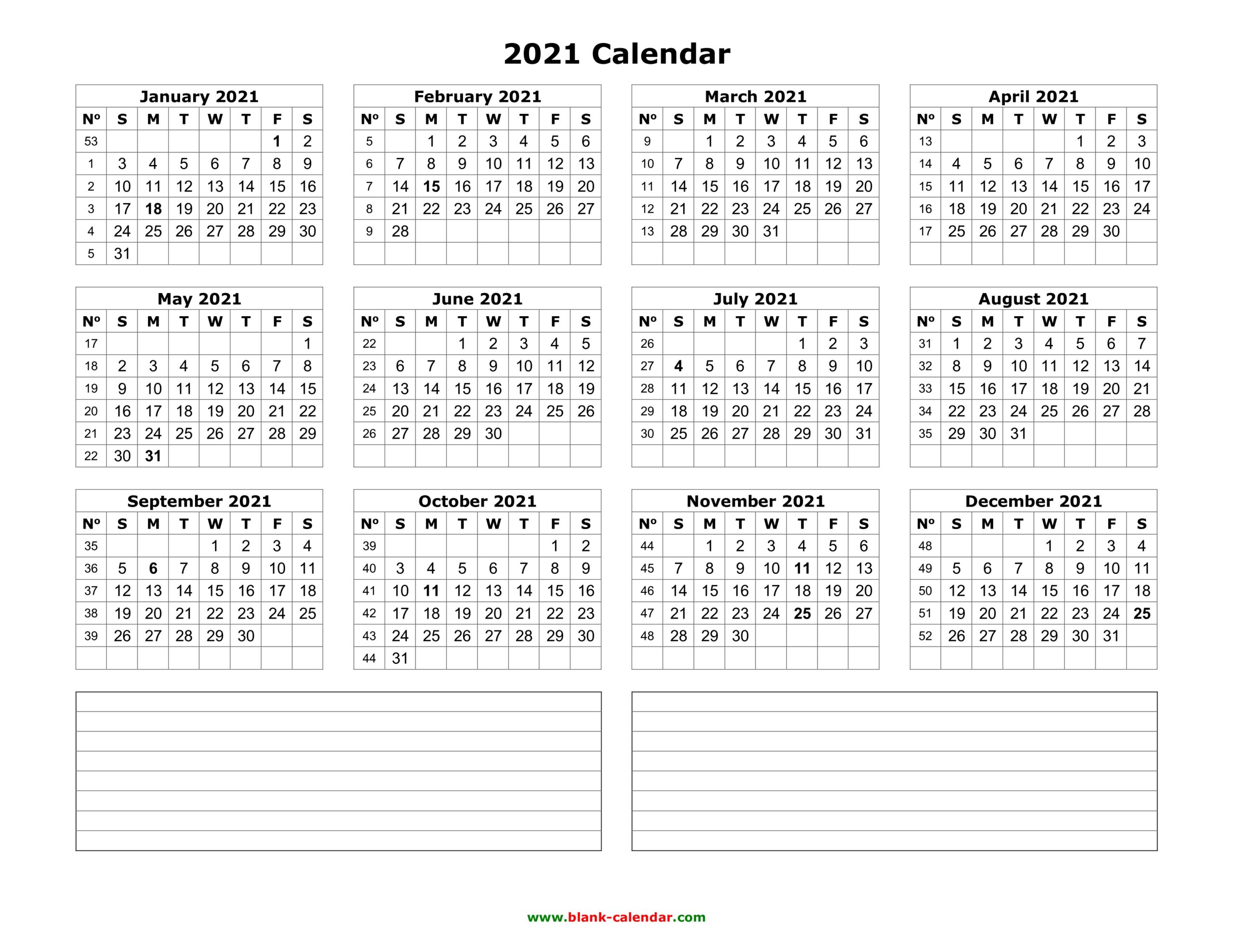 Free Printable Yearly Calendar 2021 With Boxes