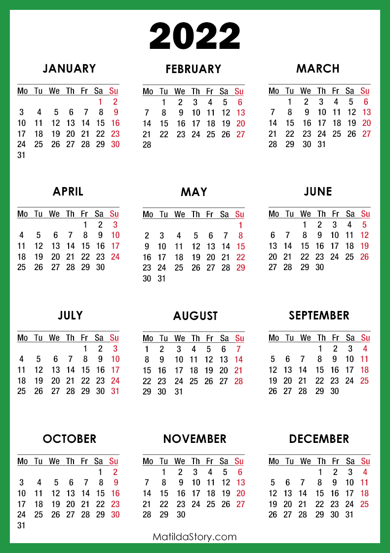 2022 Annual Calendar Printable