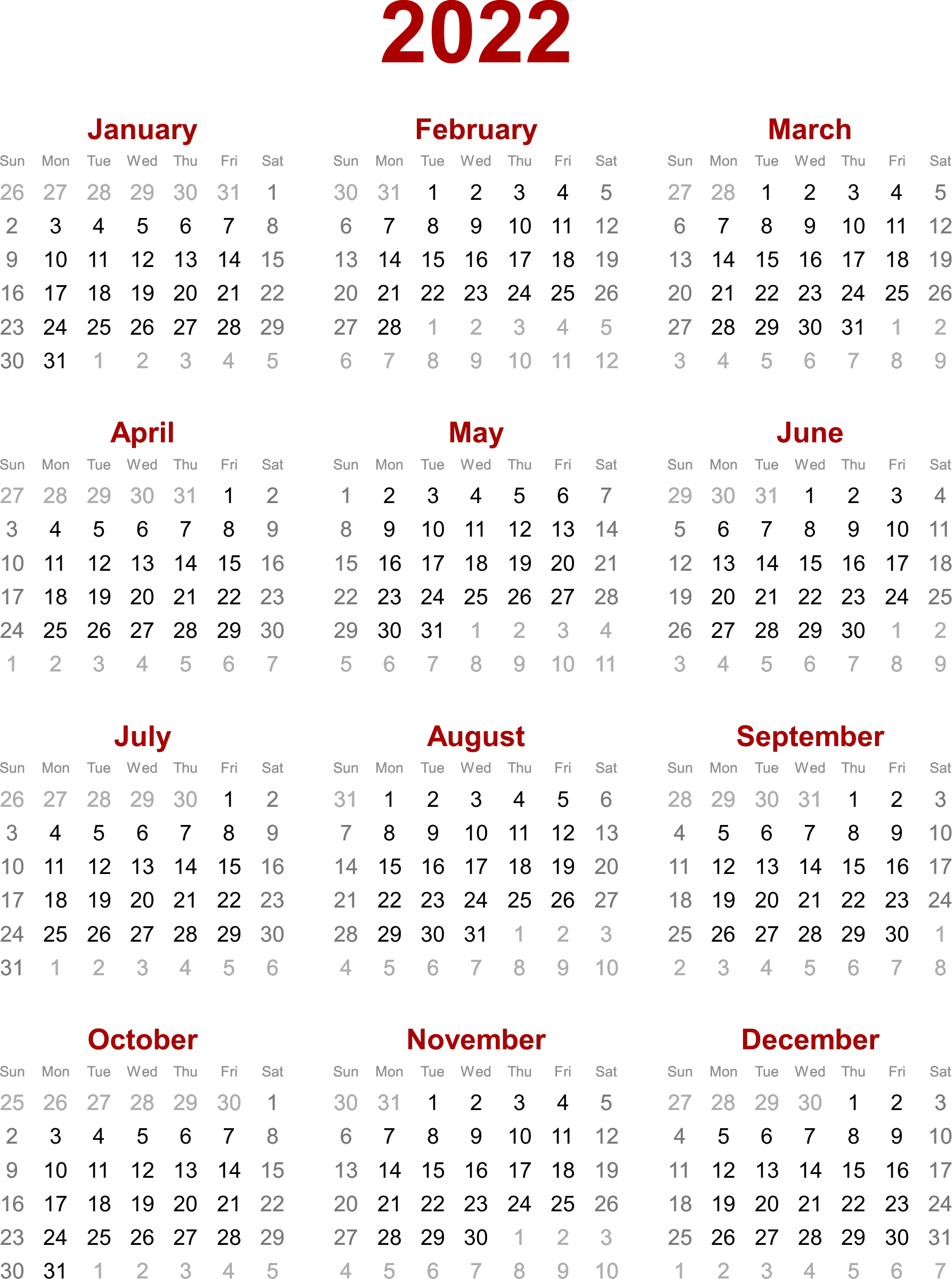 Calendar 2022 With Holidays Printable