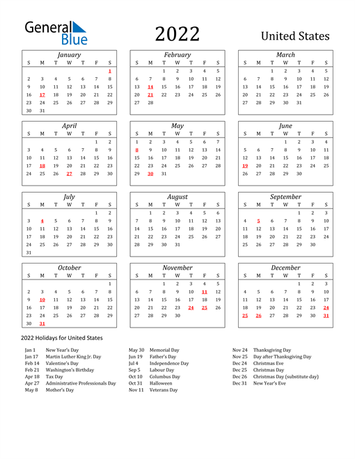 Free Printable 2022 Yearly Calendar With Holidays