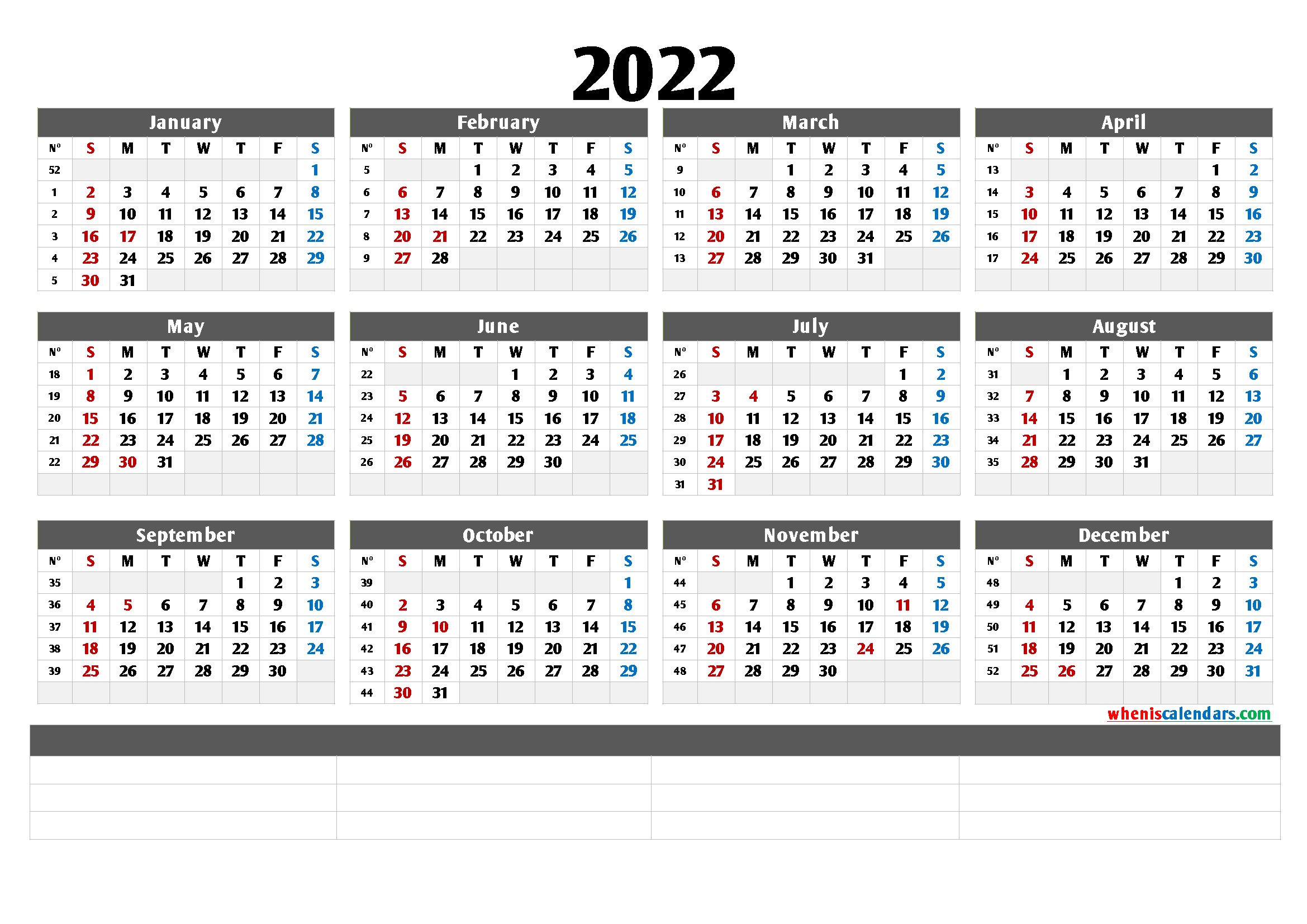Printable Calendar 2022 Landscape