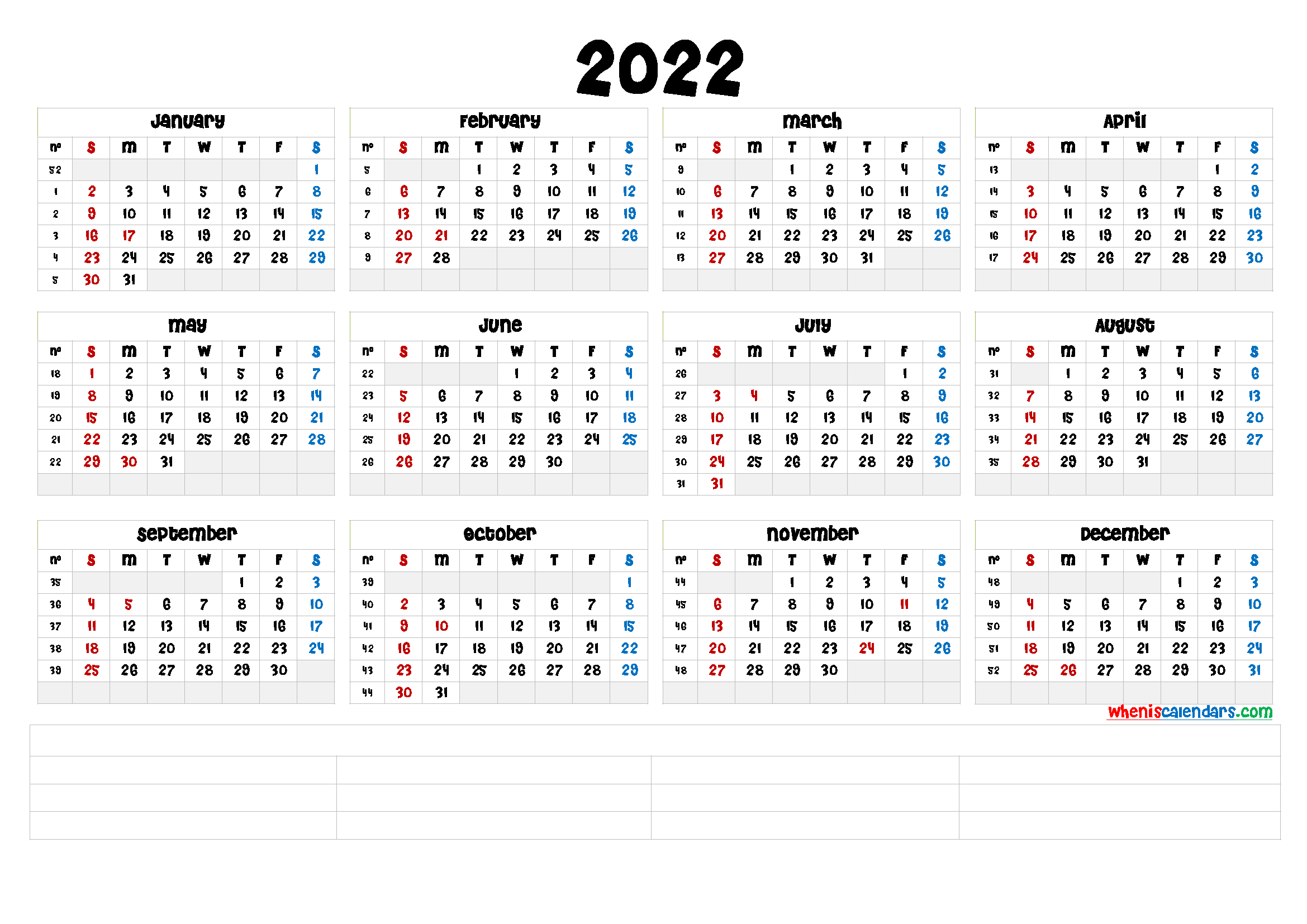 Yearly Calendar 2022 Printable
