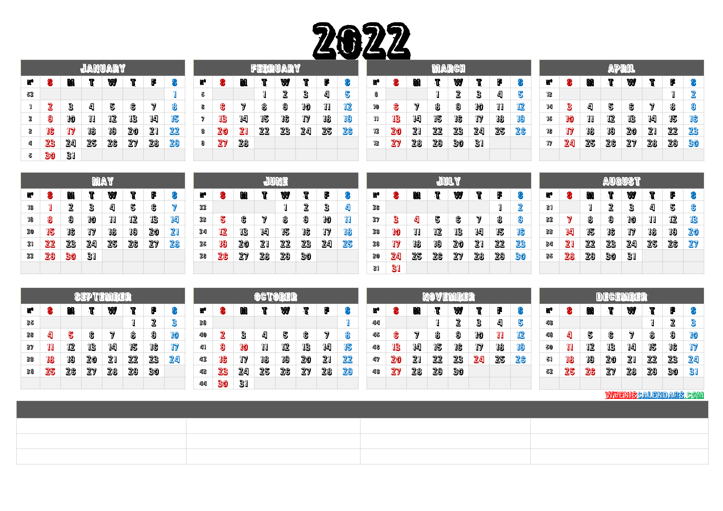 12 Printable Calendar 2022