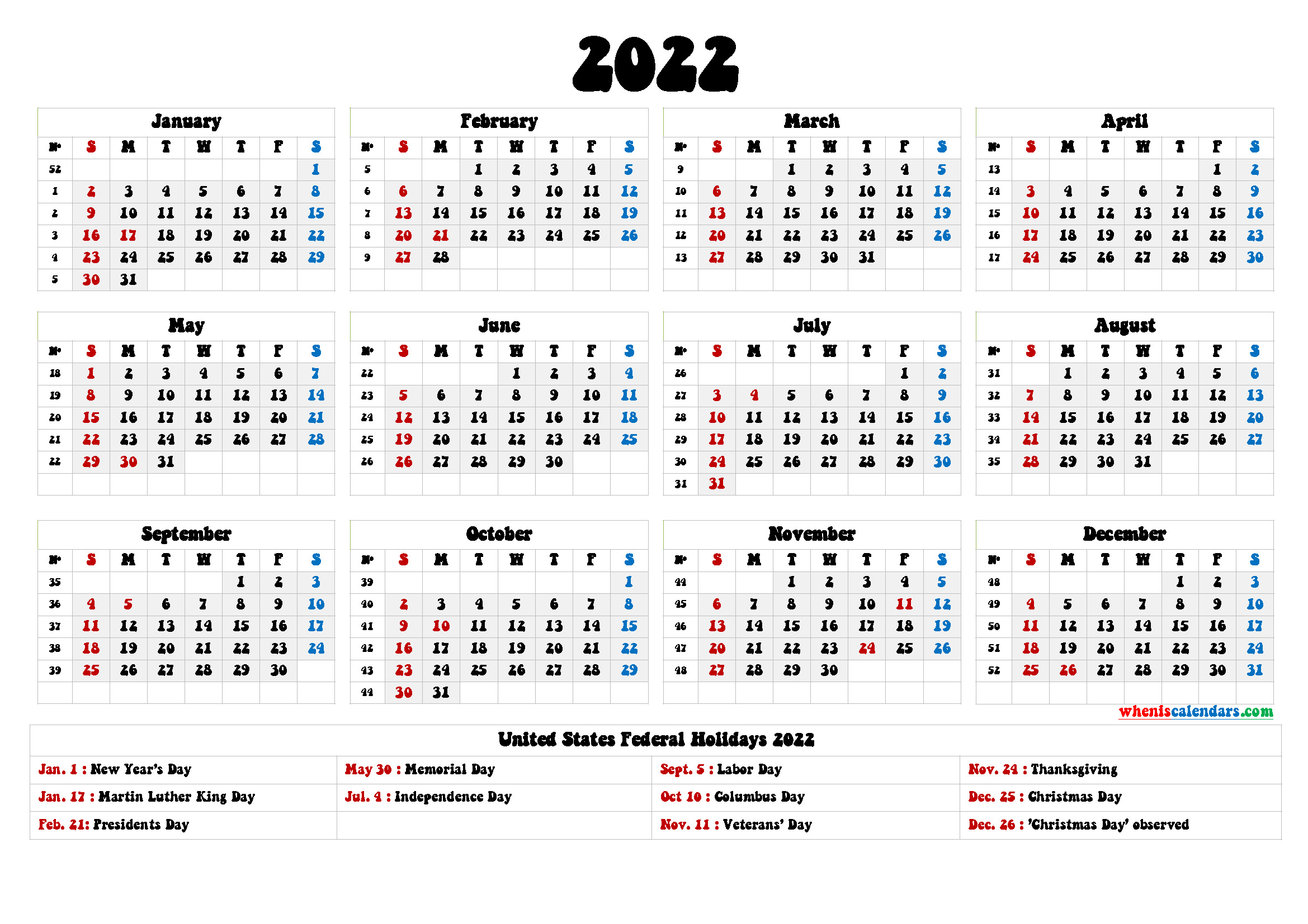 Calendar 2022 Printable Uk