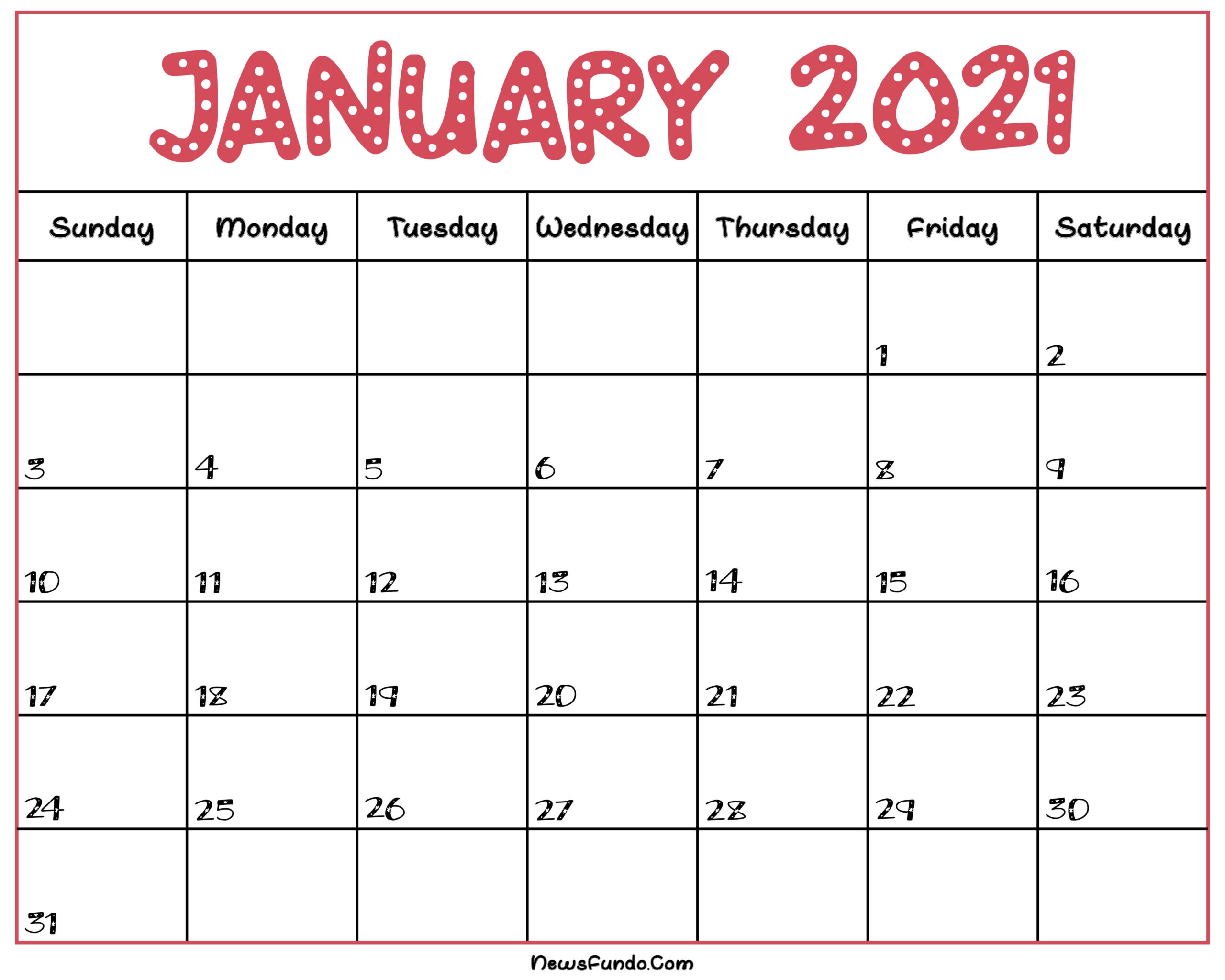 Printable January 2021 Calendar With Notes