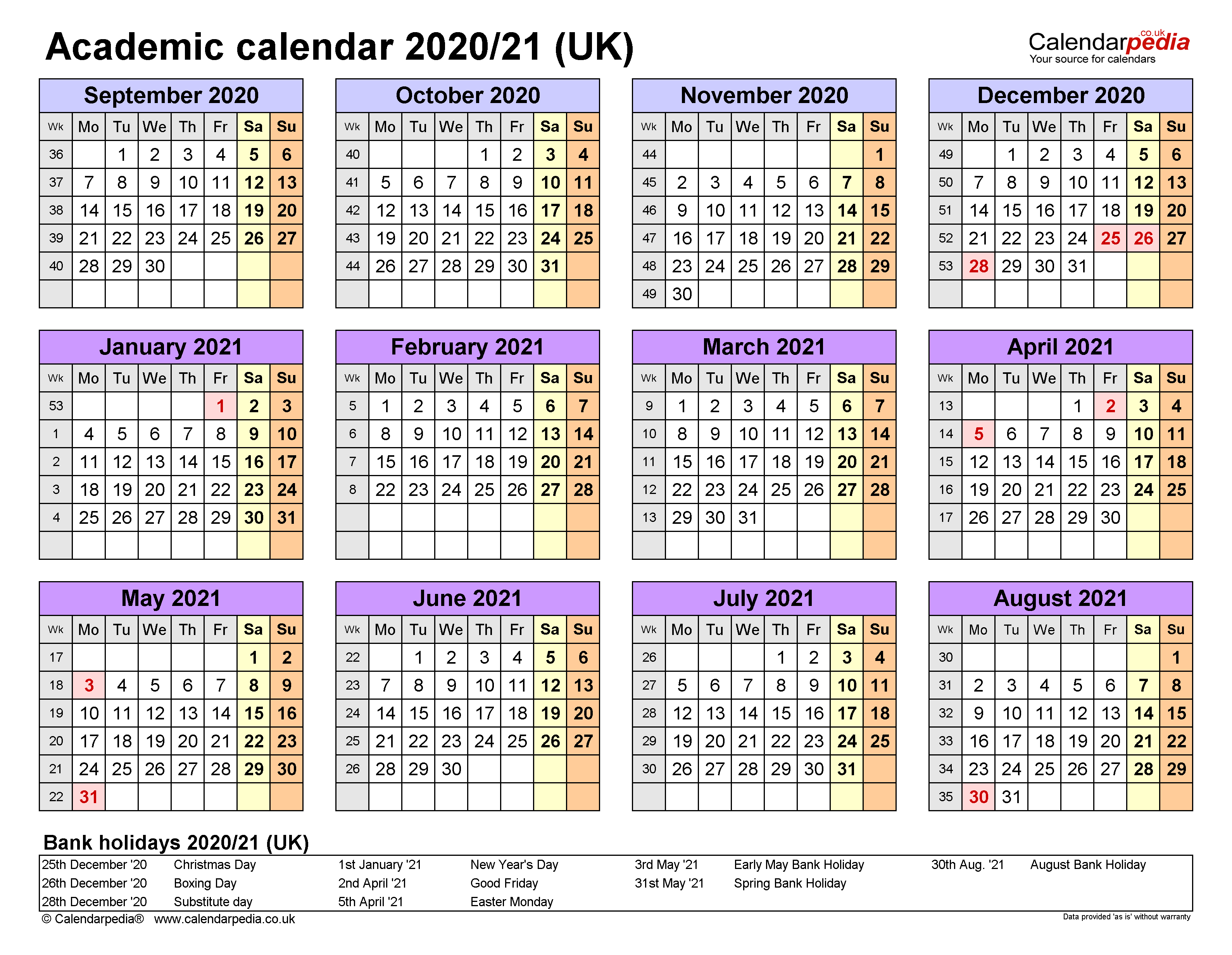 2020 And 2021 Academic Calendar Printable