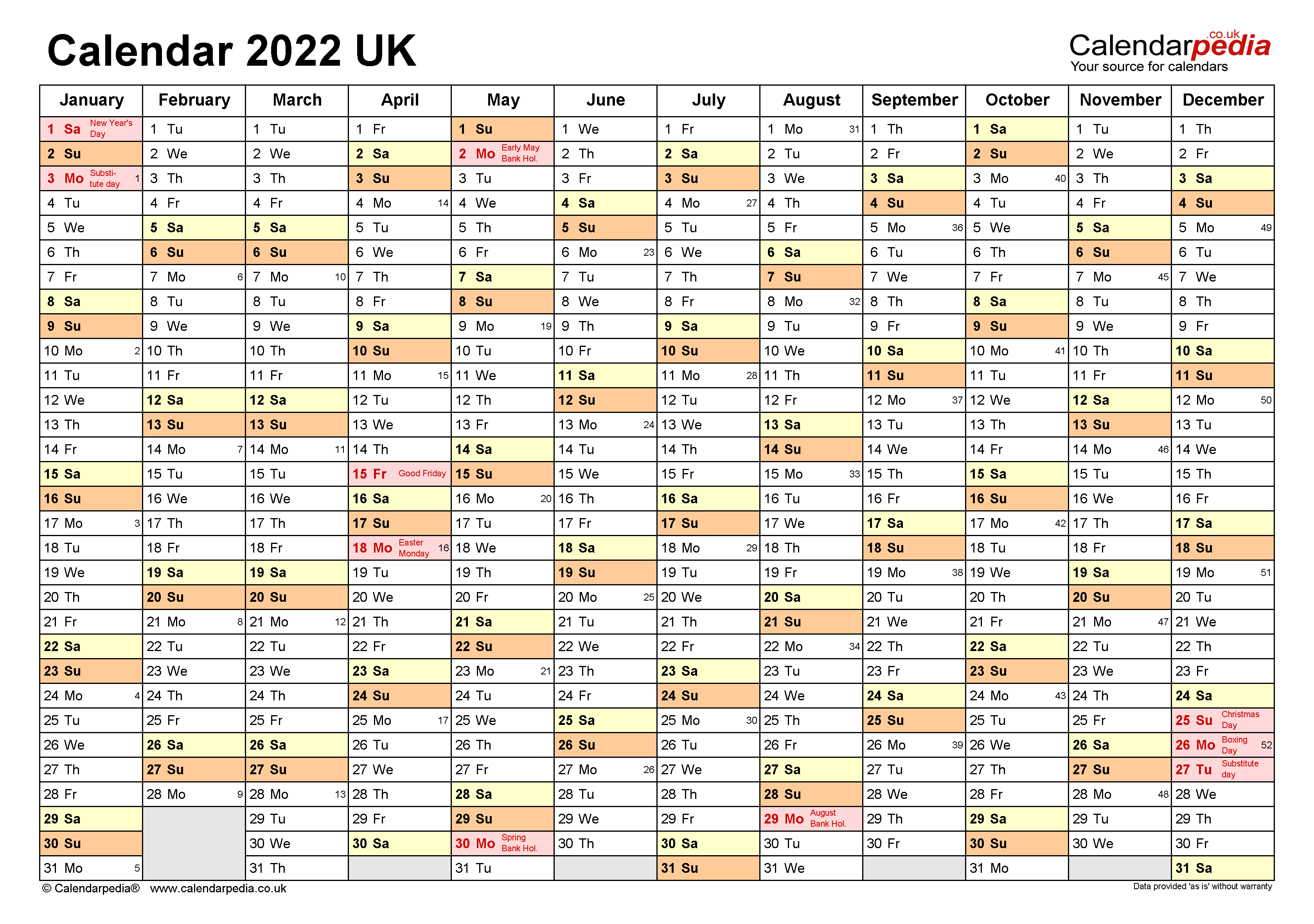 Printable 2022 Calendar Uk