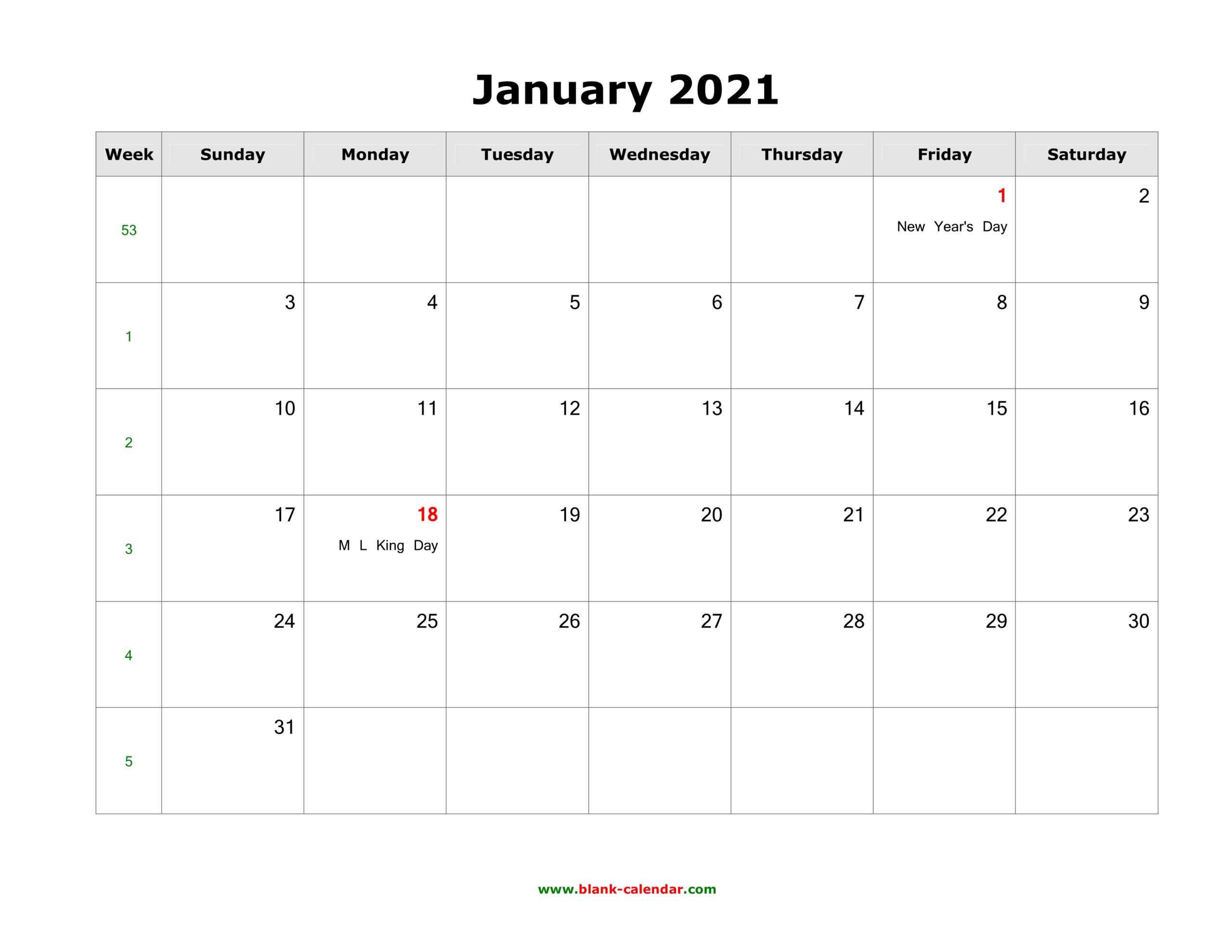 Printable Calendar For January 2021