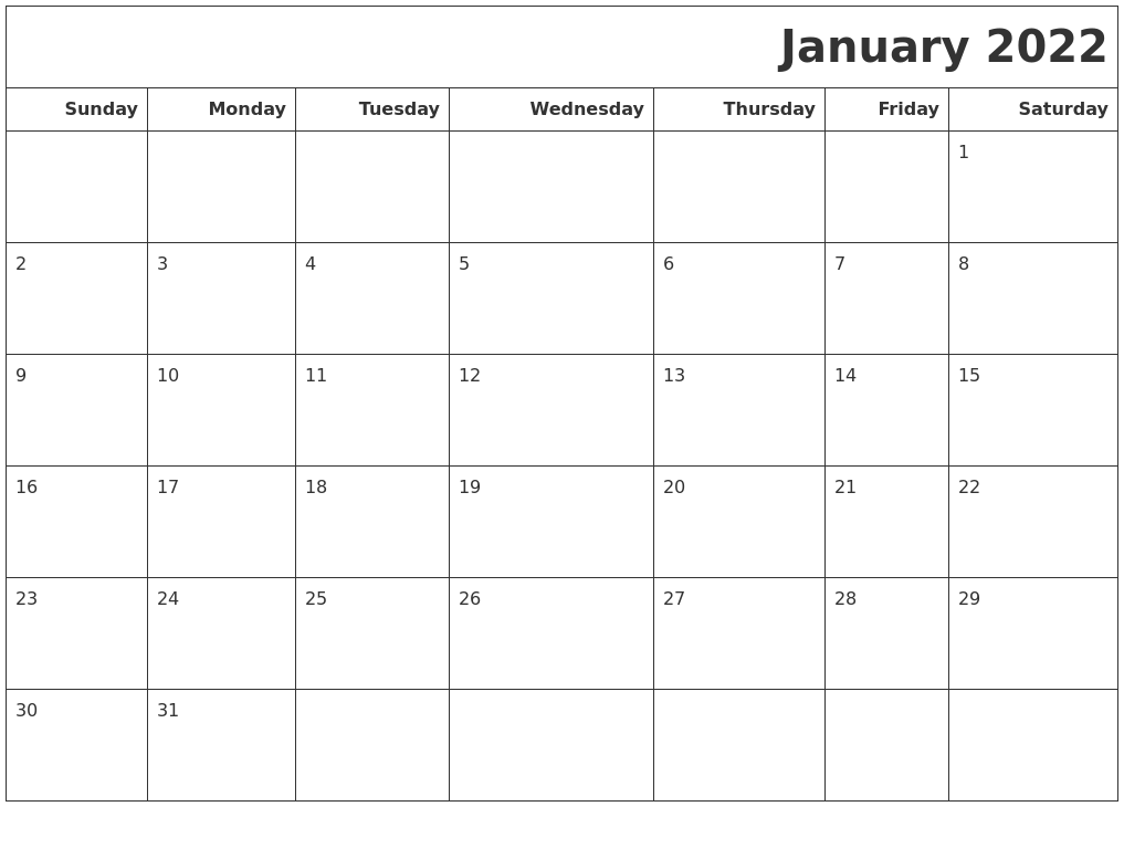 January Calendar 2022 Printable
