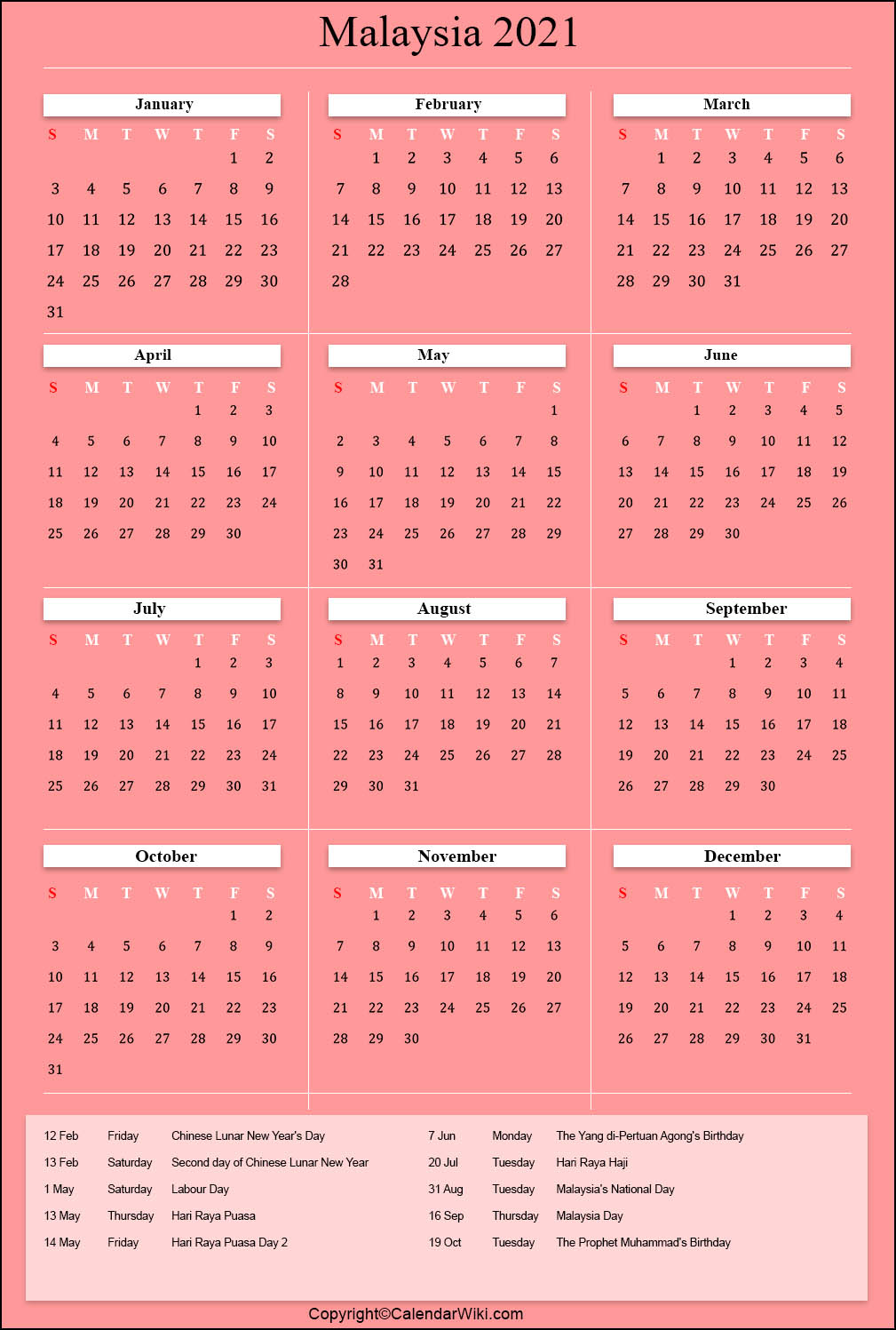 2021 Printable Holiday Calendar