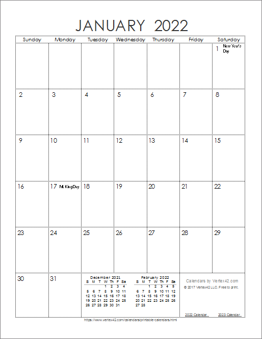 2022 Calendar Printable Monthly