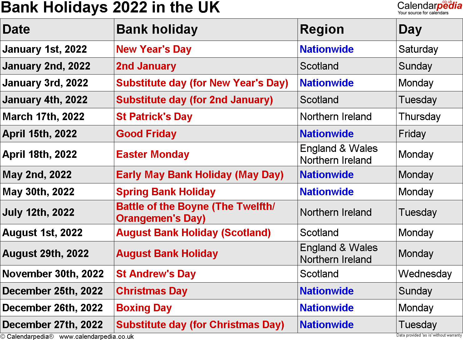 Printable Calendar 2022 With Holidays Uk