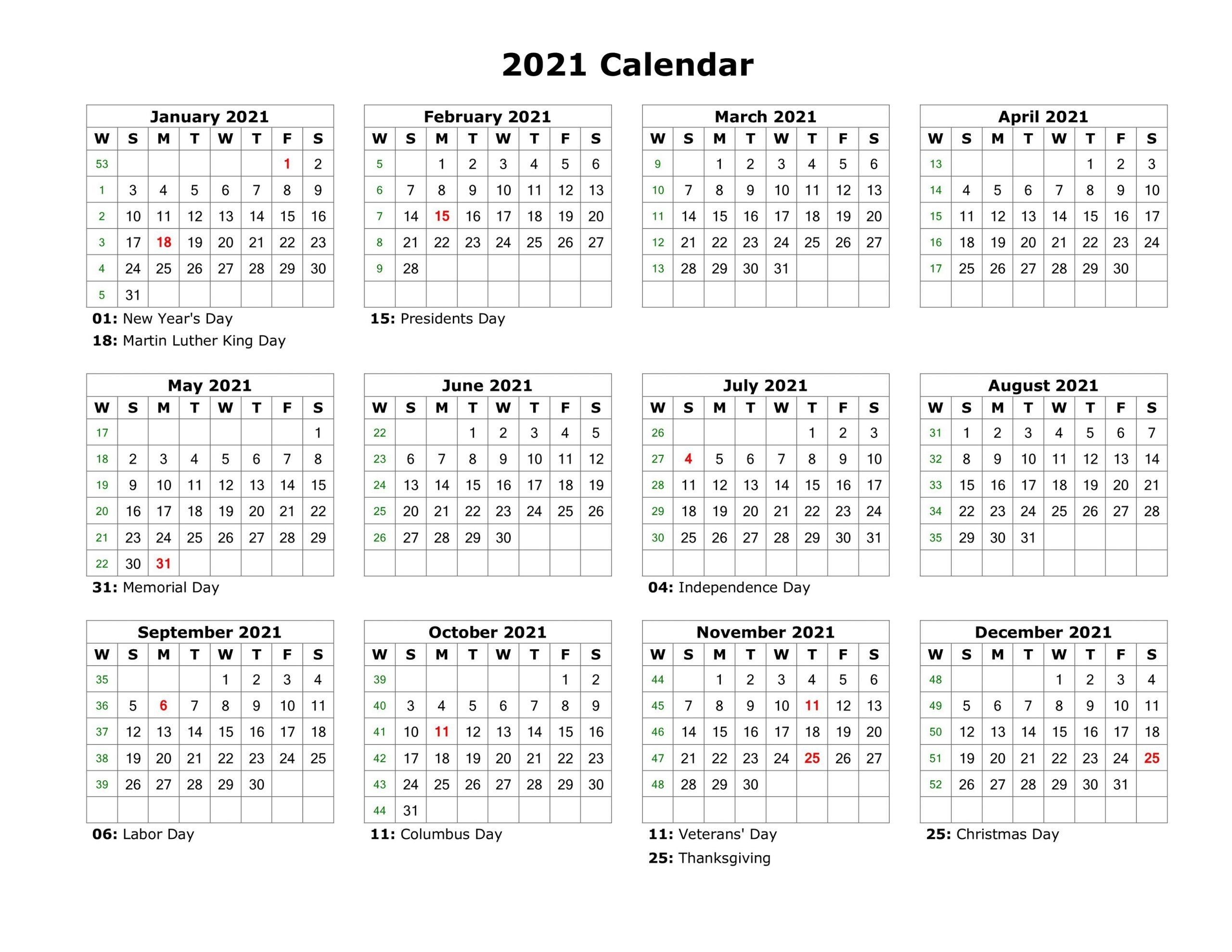 Year At A Glance Calendar 2021 Printable