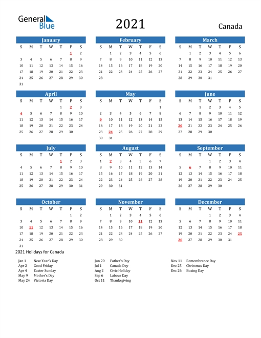 2021 And 2021 Calendar Printable With Canadian Holidays