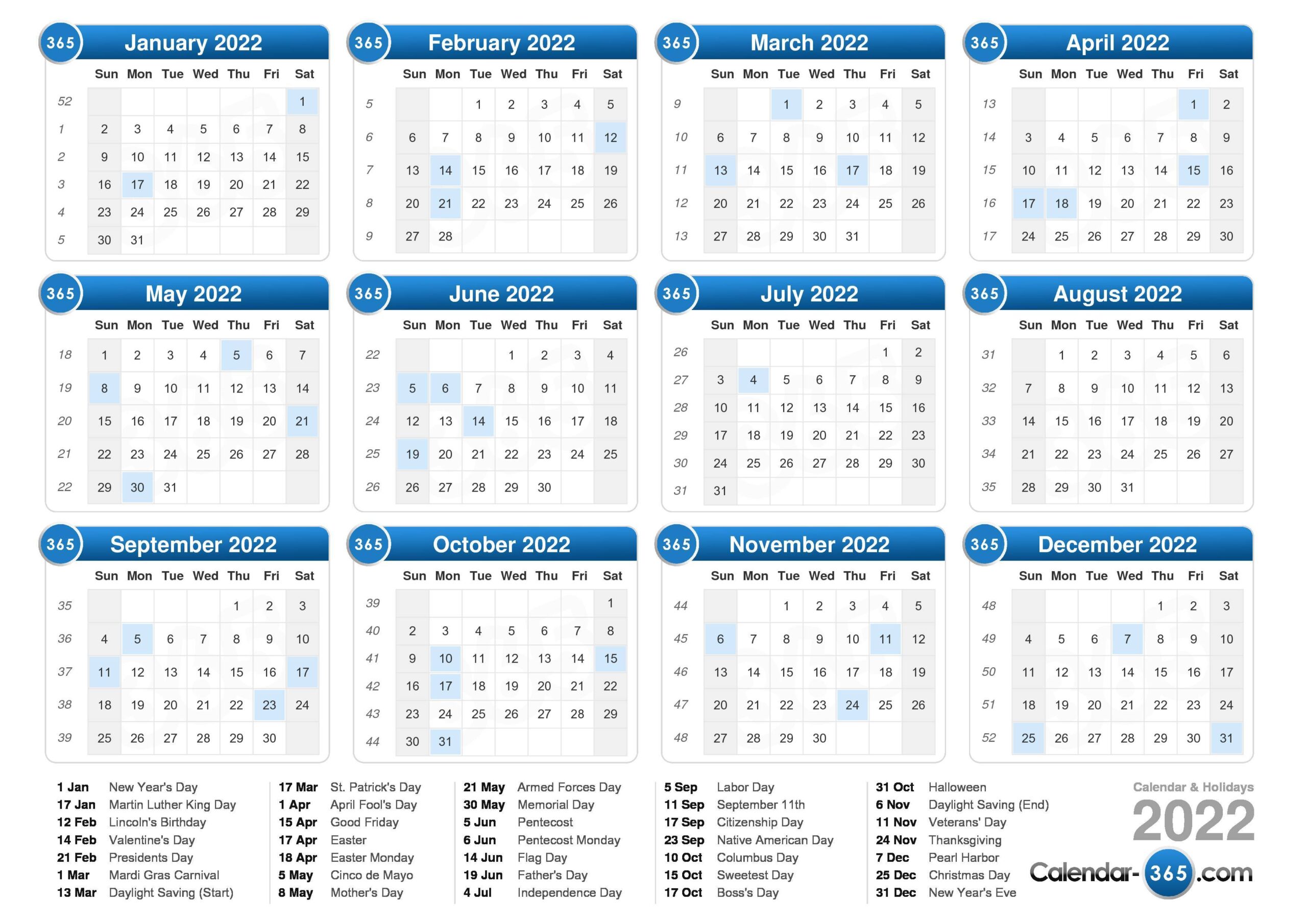 Calendar 2022 Printable Pdf